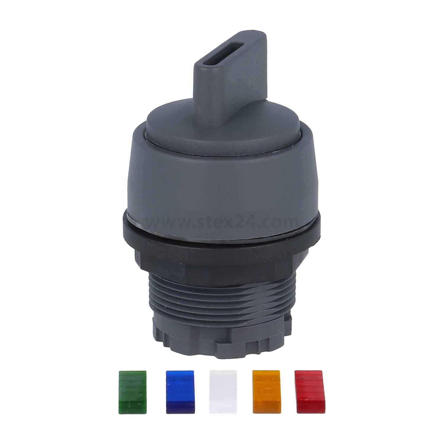 Ein grauer industrieller Druckknopf mit Schlüsselloch, dargestellt mit fünf auswechselbaren Plastikkappen in Grün, Blau, Weiß, Gelb und Rot.