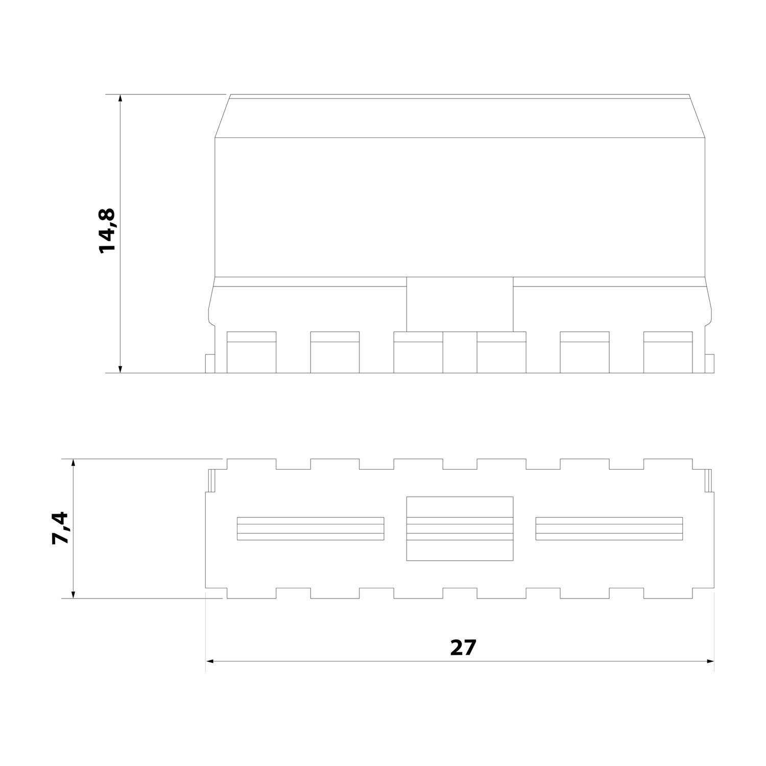 Technische Zeichnung einer Komponente mit Abmessungen: Höhe 14,8 mm, Breite 7 mm und Länge 27 mm.