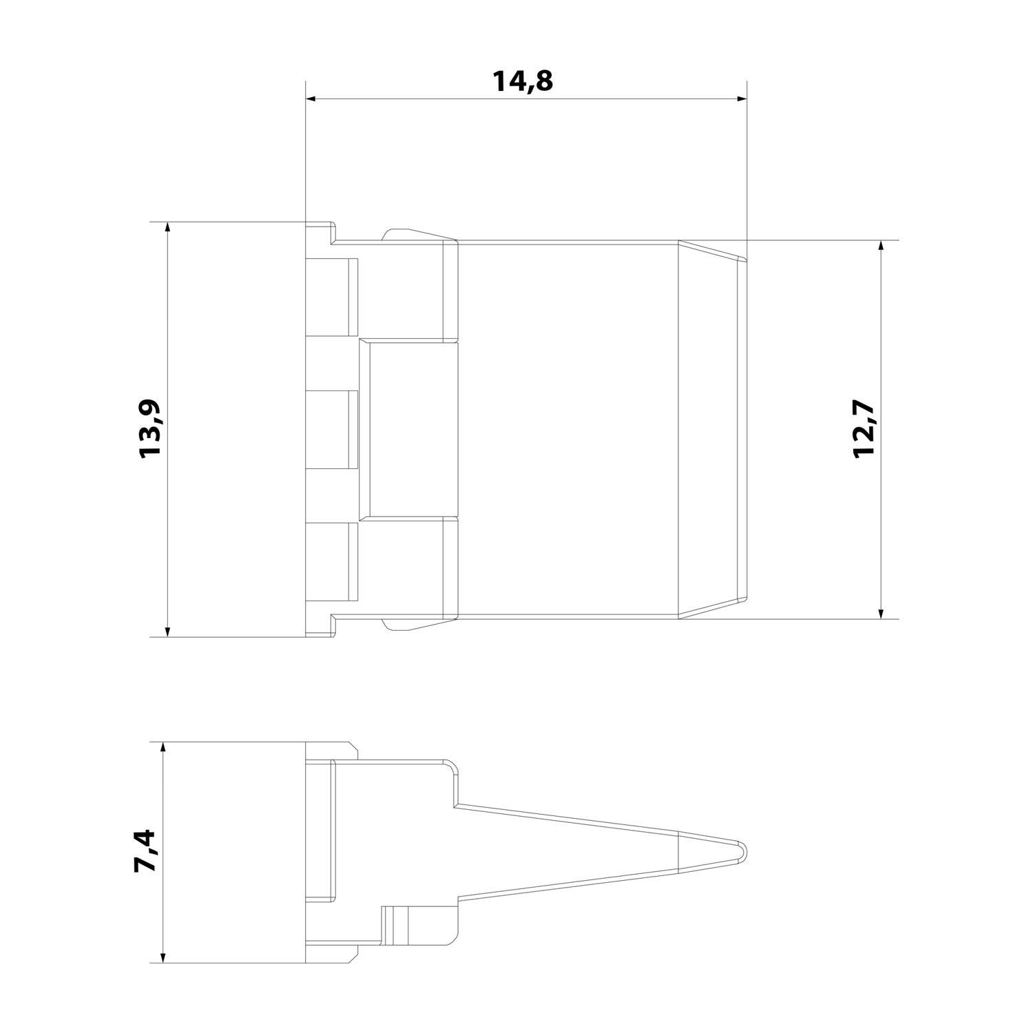 Technische Zeichnung eines Verbindungsstücks mit Abmessungen: Draufsicht zeigt eine Breite von 14,8 mm und eine Höhe von 13,9 mm; Seitenansicht hebt eine Höhe von 7,4 mm und 12,7 mm hervor.