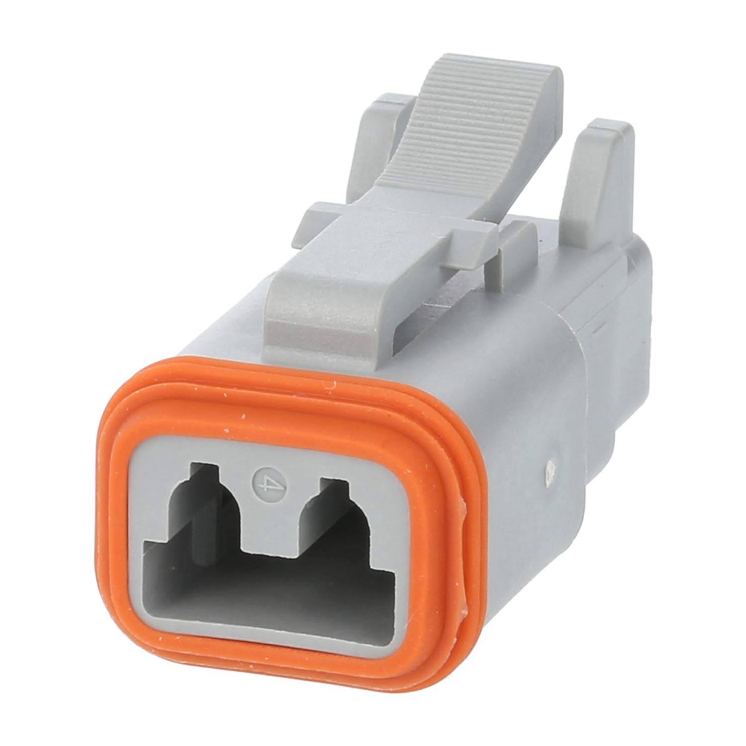 Ein grau-orangefarbener Kunststoff-Elektroverbinder, entwickelt für sichere Kabelverbindungen, mit einer Verriegelungsmechanik zum Arretieren.