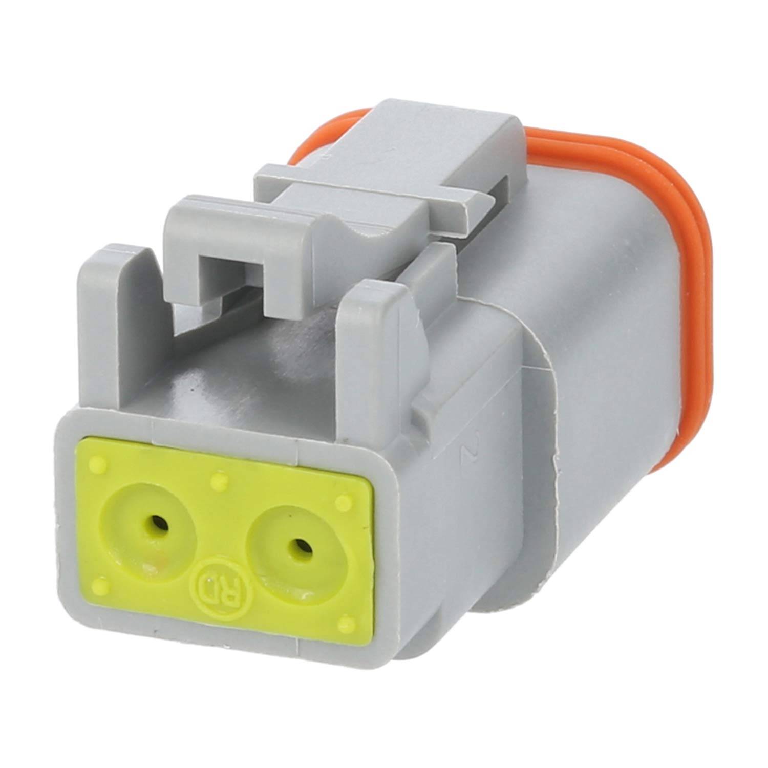 Ein grau-gelber elektrischer Verbinder mit zwei Stiftsockelöffnungen, der für sichere Kabelverbindungen konzipiert ist, auf einem weißen Hintergrund dargestellt.