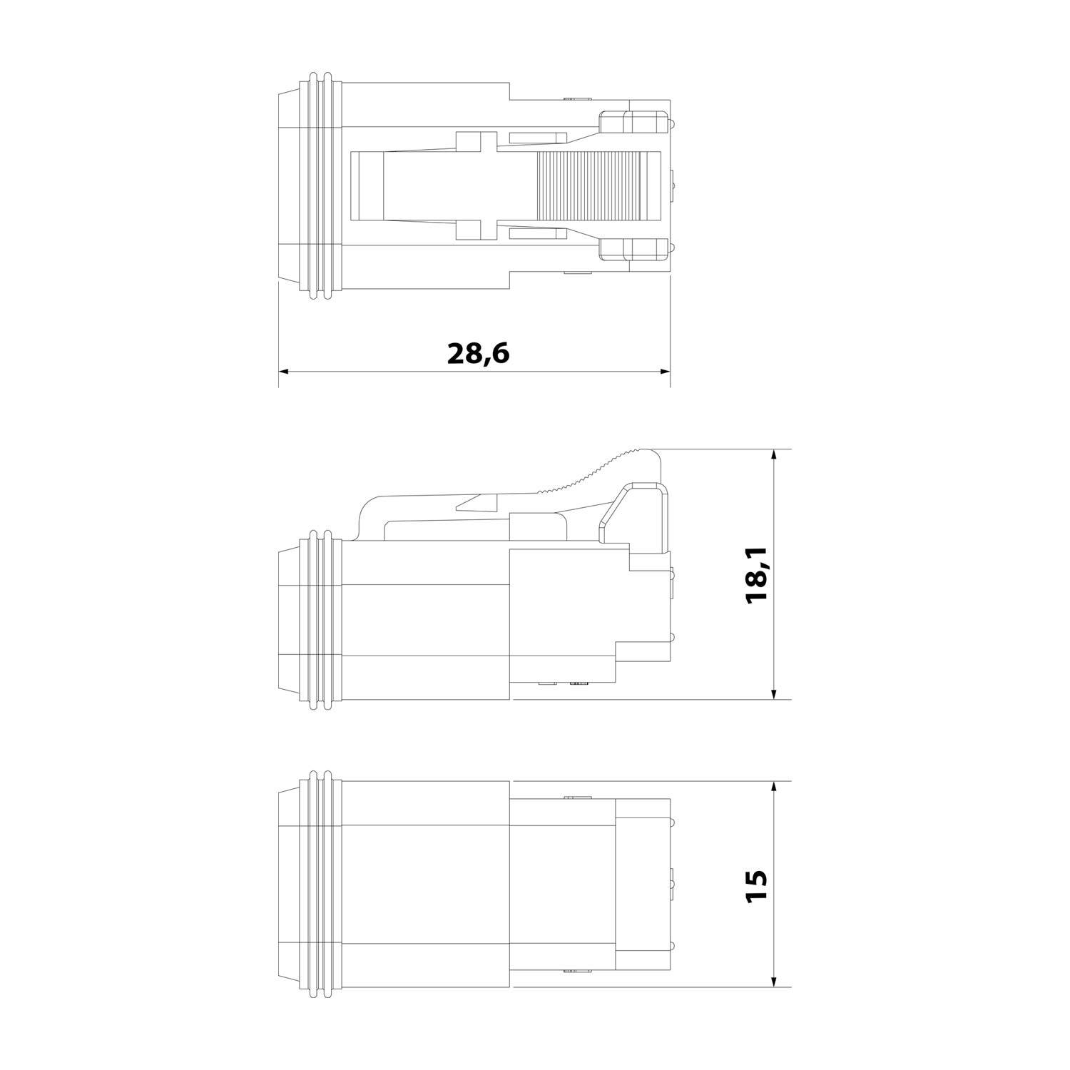 Technische Zeichnung einer mechanischen Komponente mit drei Ansichten: Draufsicht, Seitenansicht und Frontansicht. Abmessungen: 28,6, 18,1 und 15 Einheiten.