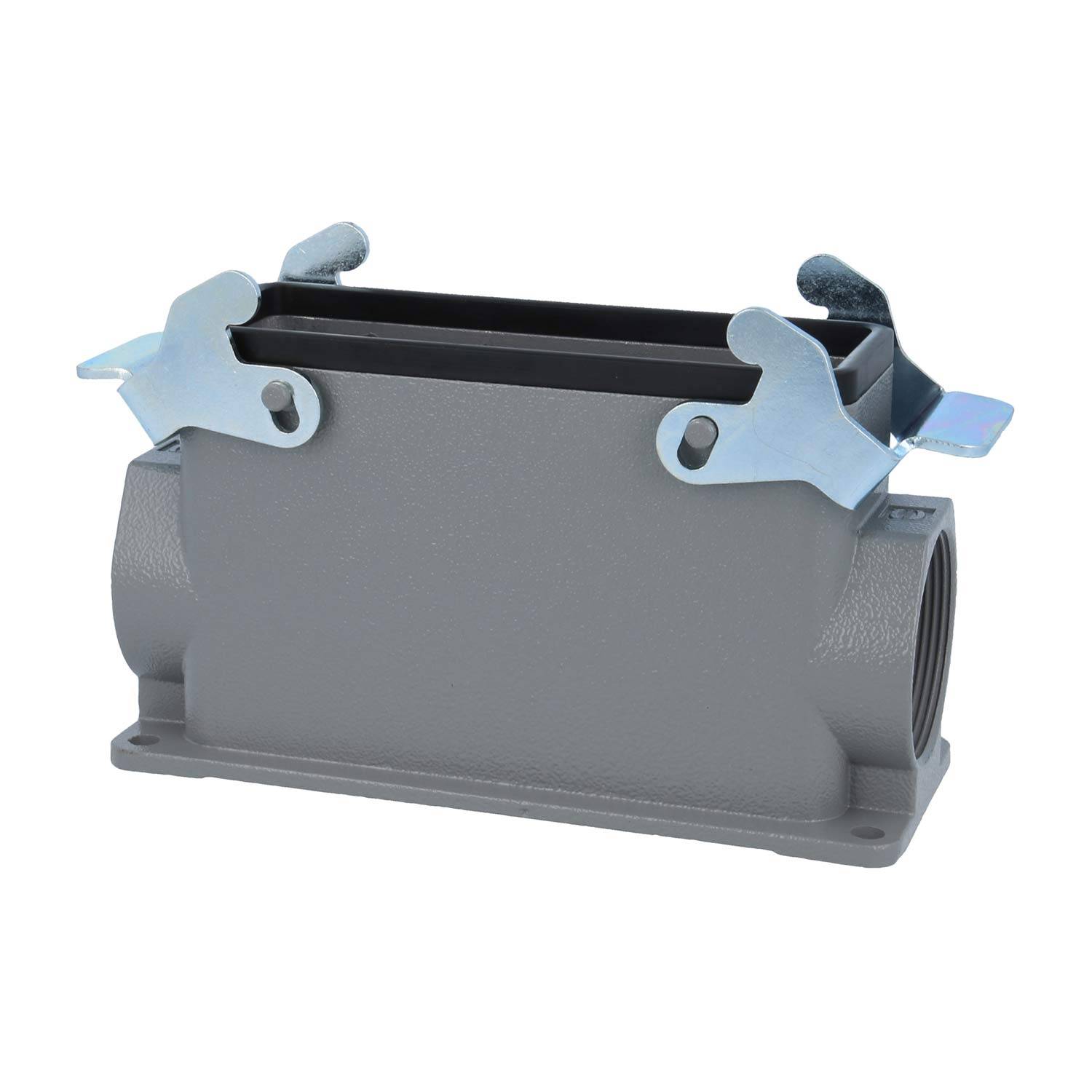 Graues rechteckiges Metallgehäuse für elektrische Verbinder mit seitlichen Verriegelungen und einem hohlen Innenraum, verwendet für industrielle Anschlüsse.