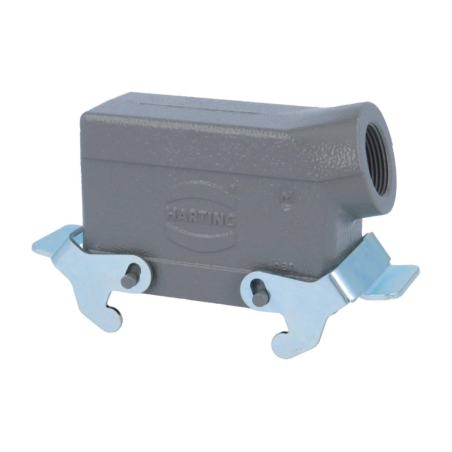 Ein rechteckiges graues industrielles Verbindungsgehäuse mit Metallklemmen, das an einem Ende ein Gewinde für eine sichere Befestigung aufweist.