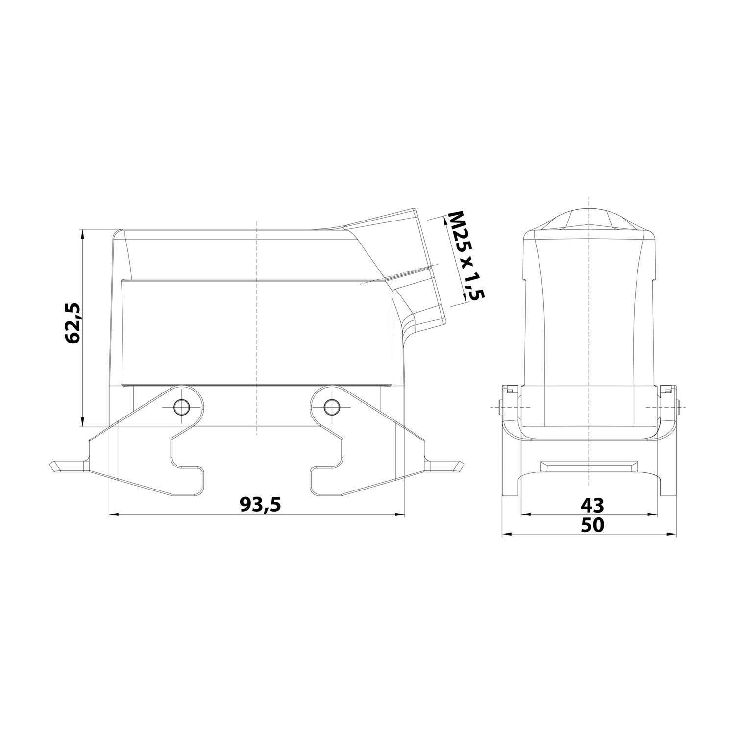 Technische Zeichnung einer mechanischen Komponente mit Maßen: 93,5 mm Breite, 62,5 mm Höhe und 50 mm Tiefe, M25x1,5 Gewinde.