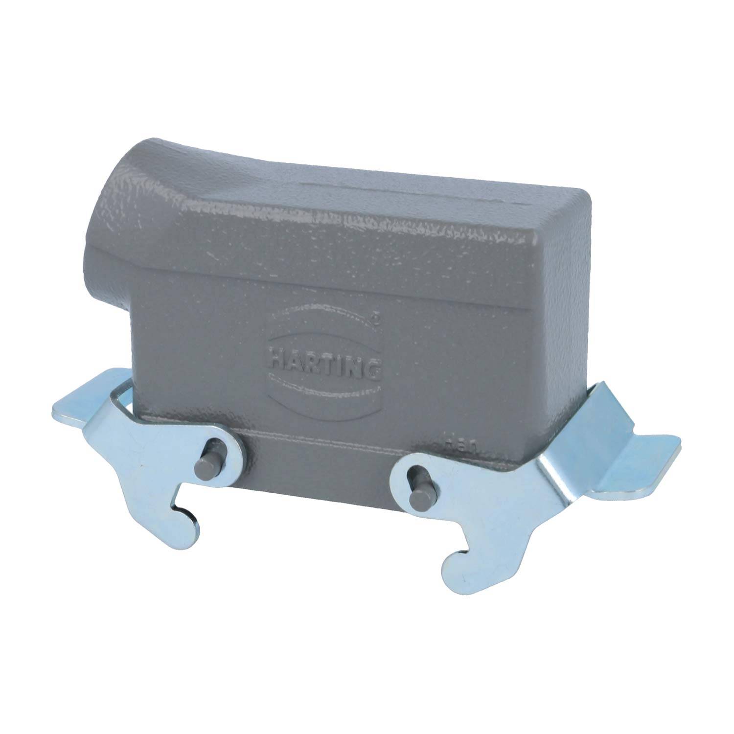 Ein graues, metallisches industrielles Anschlussgehäuse mit dem Schriftzug 'HARTING', der in das Gehäuse gegossen ist, versehen mit zwei Befestigungshalterungen an den Seiten.