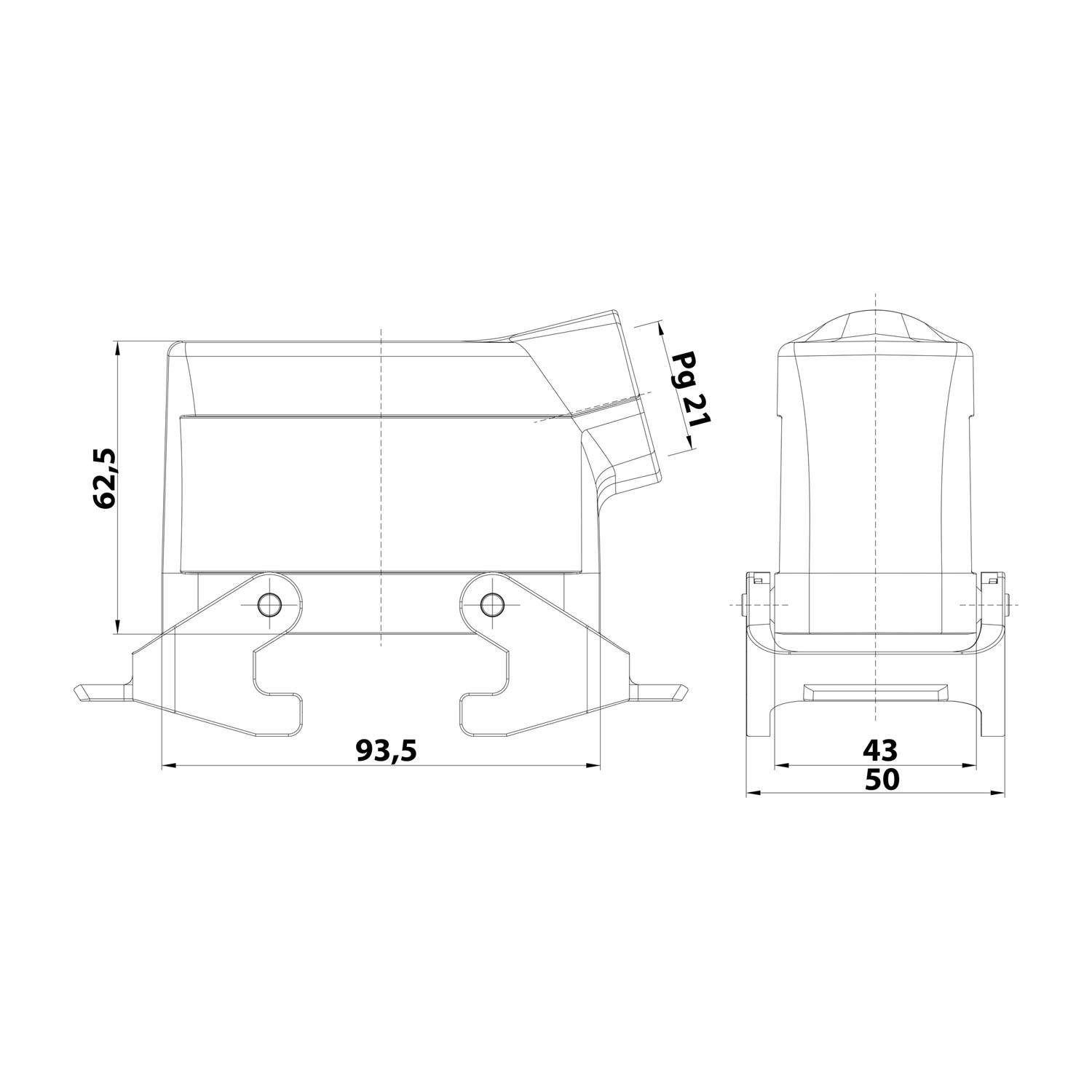 04300161530 HARTING Han 16B Tüllengehäuse niedrig, 1xPG21 seitlicher Kabelabgang, mit 2 Querbügeln Verschraubung PG21