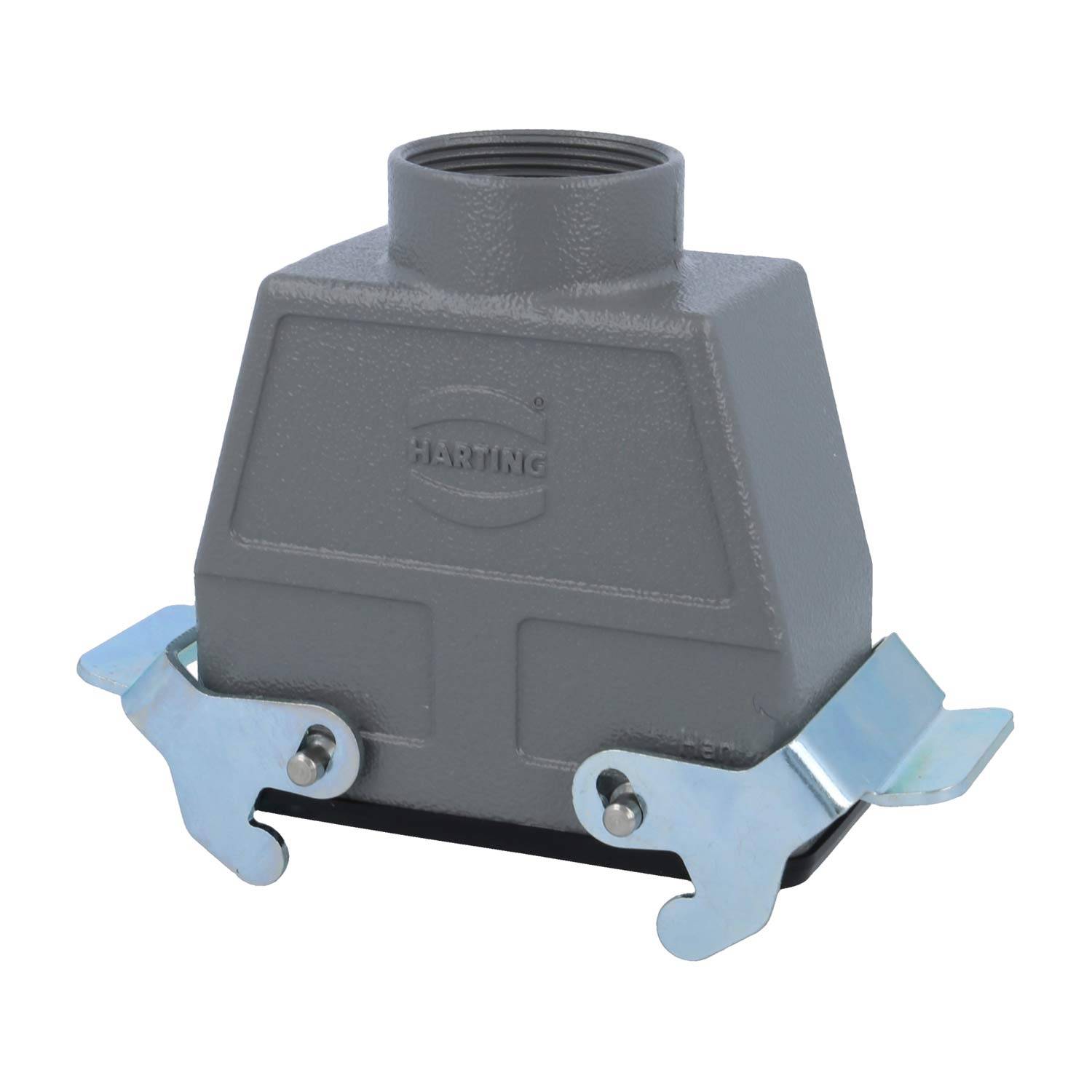 Ein grau gehaltenes, industriell wirkendes Anschlussgehäuse mit einer oberen Gewindeöffnung, das seitlich mit Metallverriegelungen für eine sichere Befestigung ausgestattet ist.