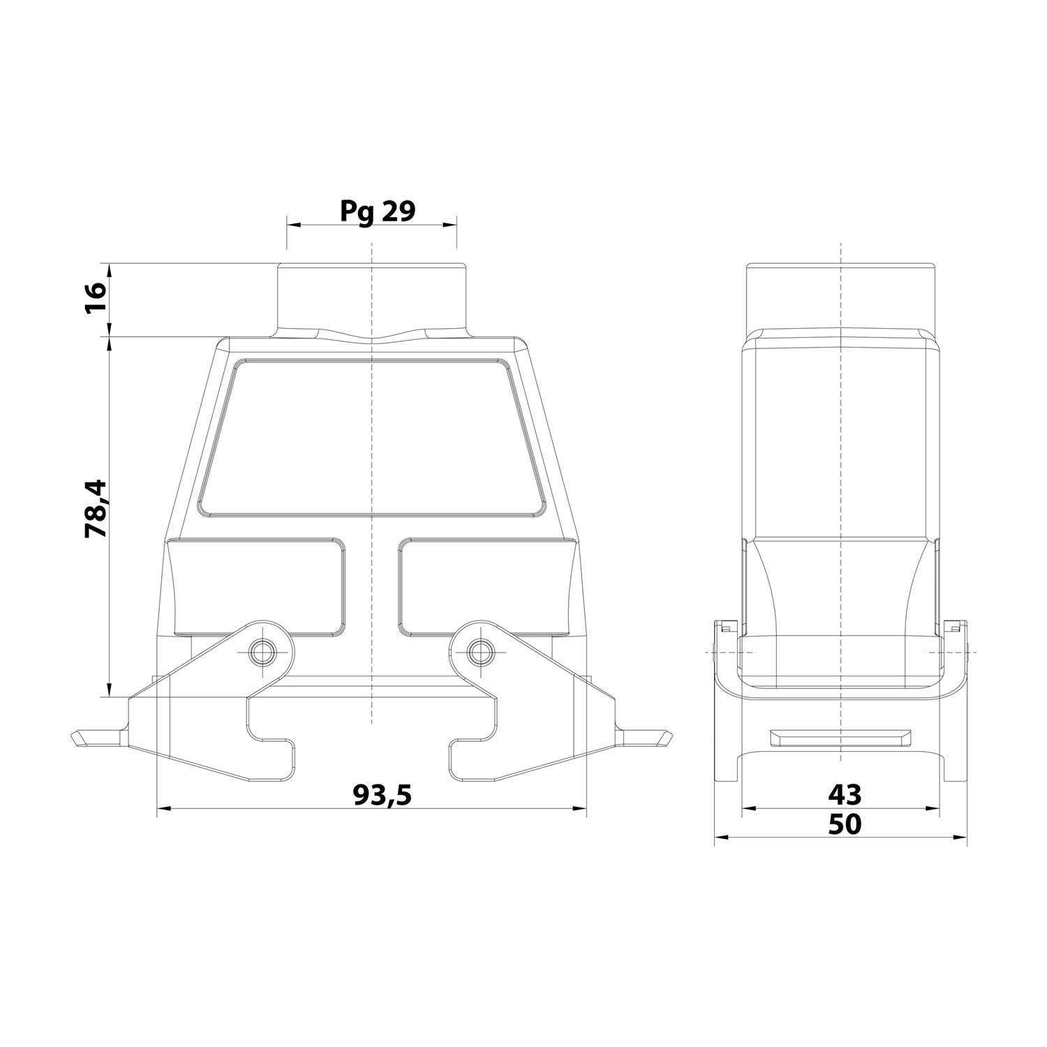 04300160731 HARTING Han 16B Kupplungsgehäuse hoch, 1xPG29 gerader Kabelabgang, mit 2 Querbügeln Verschraubung PG29