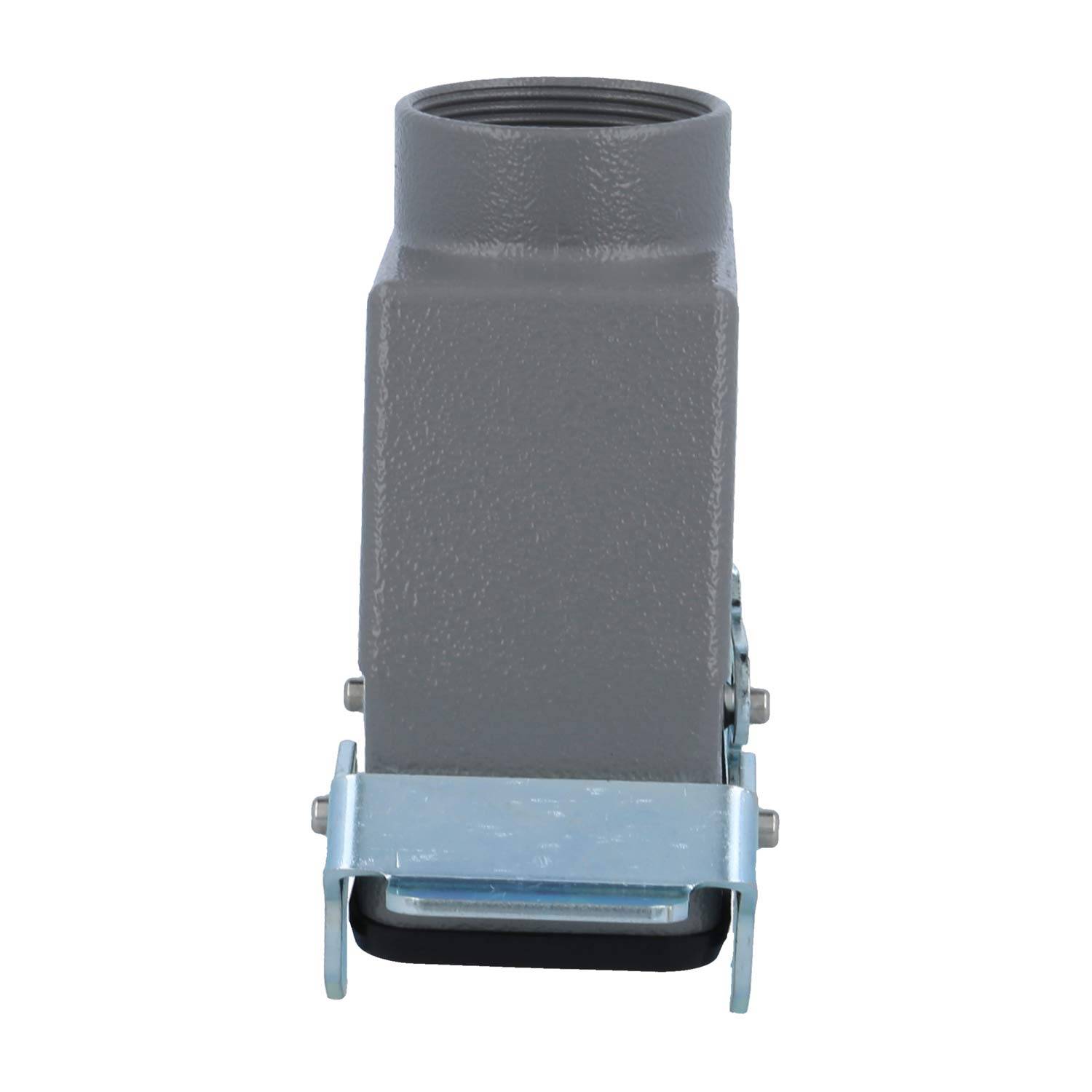 Ein grau-metallisches rechteckiges Anschlussgehäuse mit Befestigungsklammern, verwendet für robuste elektrische Verbindungen, von vorne dargestellt.