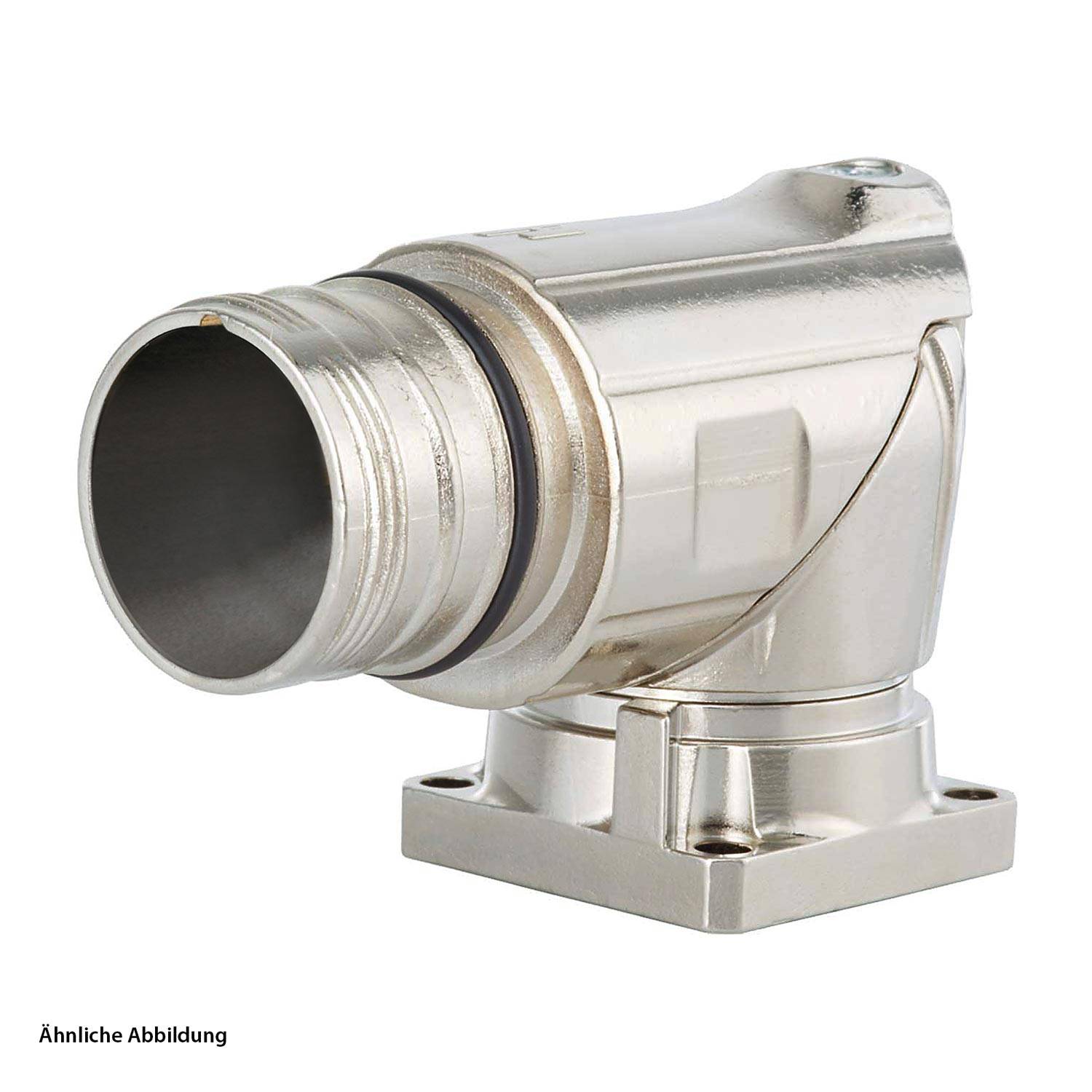 Ein metallischer Industrieanschluss mit einem 90-Grad-Winkel, ausgestattet mit einer kreisförmigen Öffnung und Montagebasis. Verwendet für elektrische oder Datenkonnektivität.