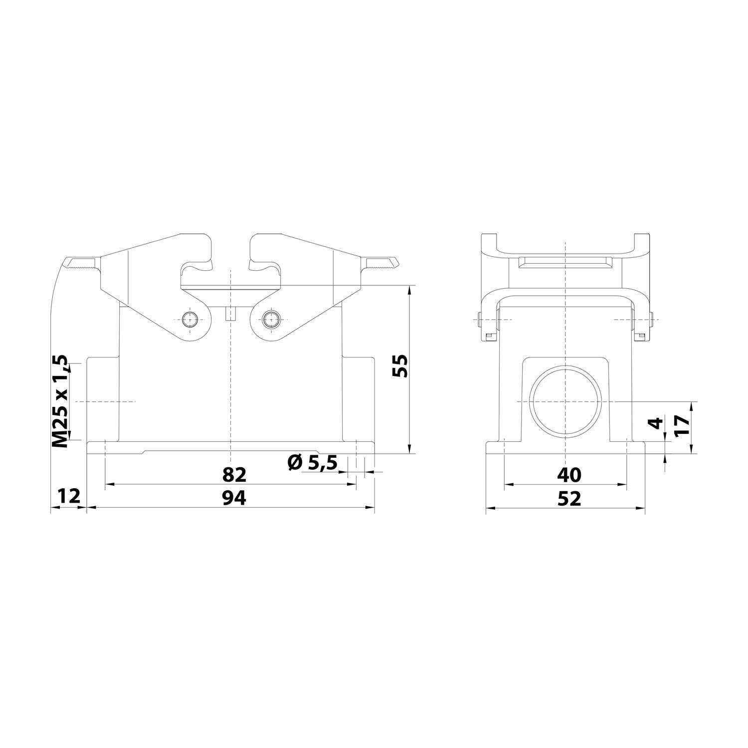 05628101270 HARTING Han 10B EMV Sockelgehäuse niedrig, 1xM25 seitlicher Kabelabgang, mit 2 Querbügeln EMV-Verschraubung