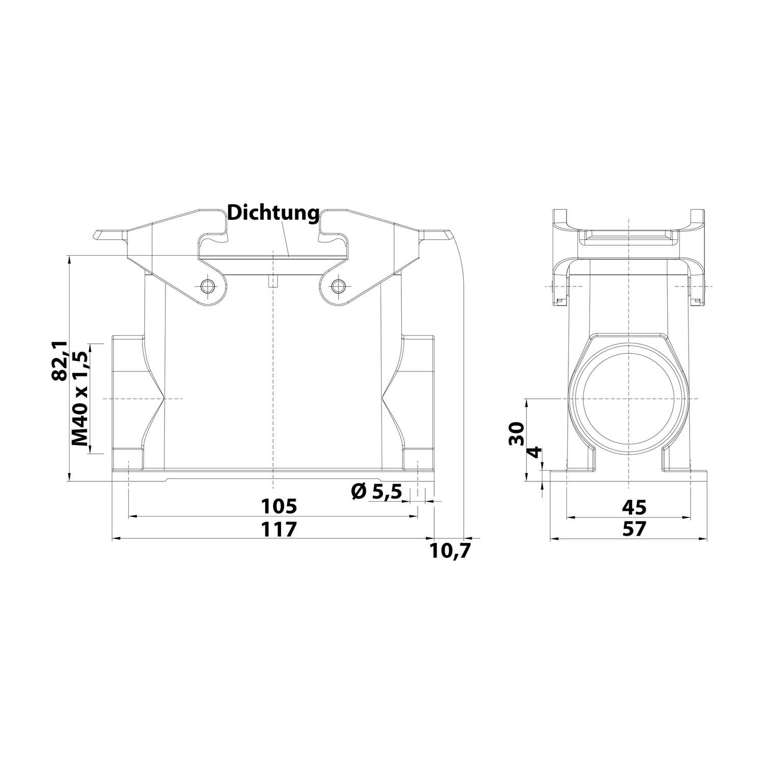 Eine technische Zeichnung eines mechanischen Bauteils mit Vorder- und Seitenansicht. Abmessungen umfassen Breite (105 mm), Höhe (82,1 mm) und Tiefe (45 mm).