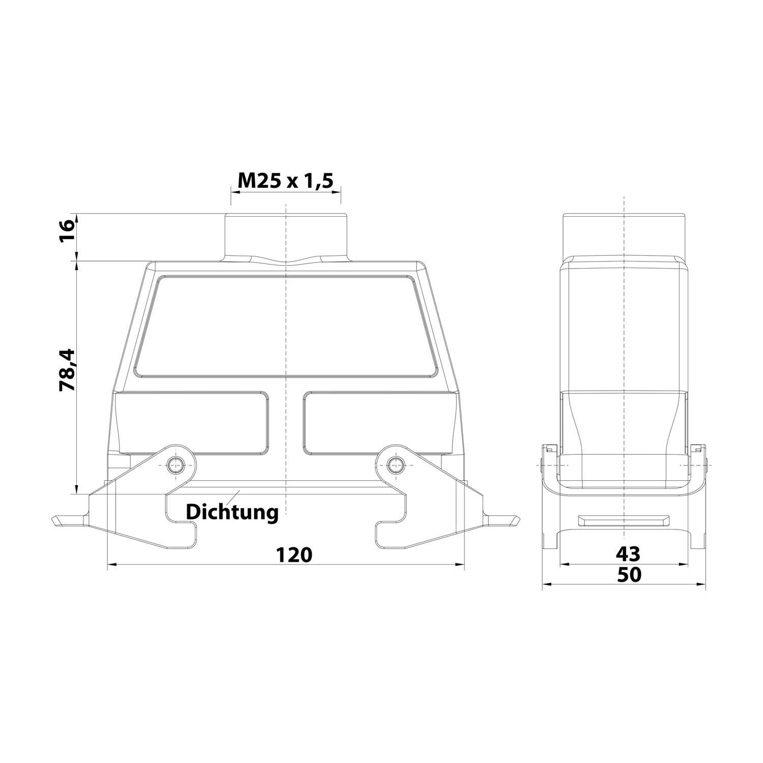 Technische Zeichnung einer rechteckigen elektrischen Komponente mit Abmessungen: 120 mm Breite, 78,4 mm Höhe und 50 mm Tiefe. Enthält ein M25 x 1,5 Gewinde und eine 