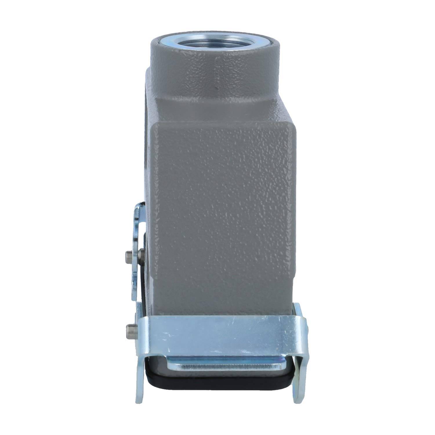 Eine rechteckige, strukturierte graue Metallgehäuseeinheit mit Montagebügeln, konzipiert für industrielle oder elektronische Komponenten.