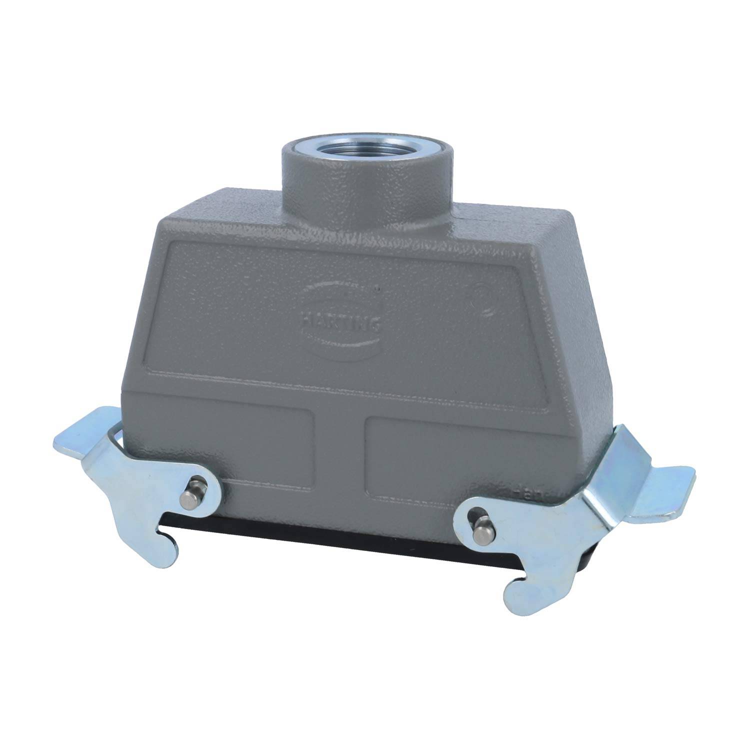 Ein grauer rechteckiger industrieller Anschlussgehäuse mit zwei seitlichen Verriegelungen und einer Öffnung an der Oberseite ist vor einem weißen Hintergrund positioniert.