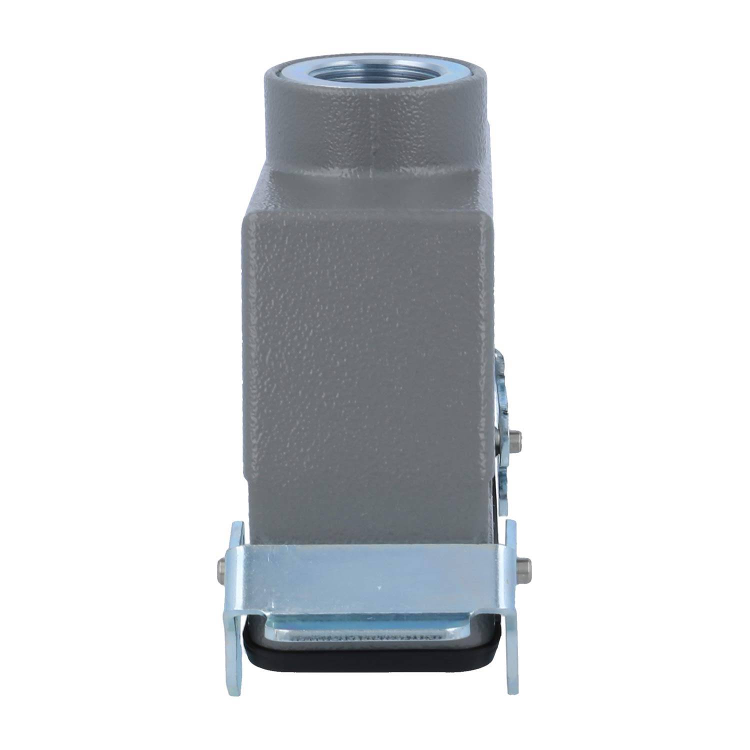 Robuster industrieller Verbinder in einem Metallgehäuse, quadratisch geformt mit abgerundeter Oberseite und einer Bodenklemme zur Befestigung.