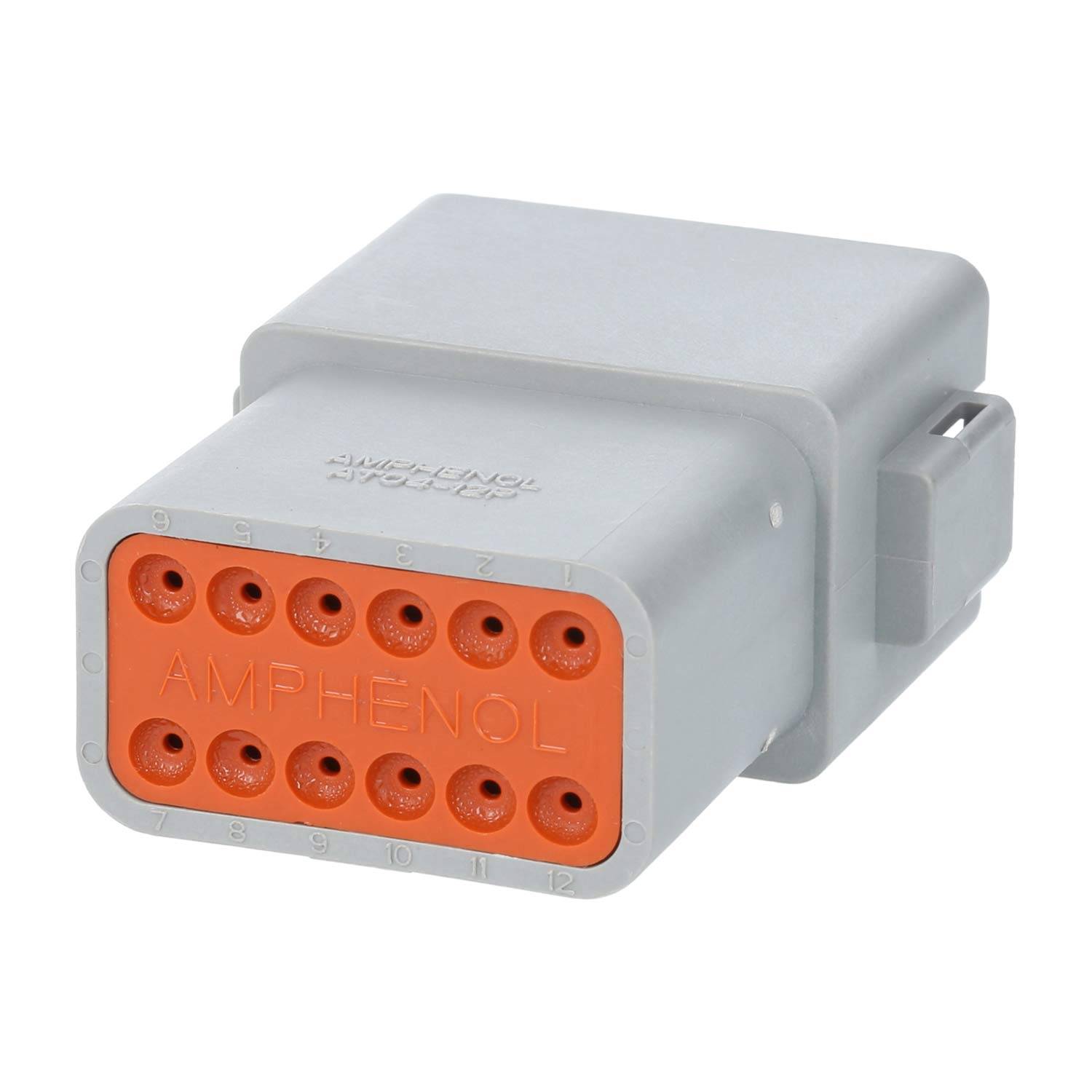 AMPHENOL'-Steckverbinder mit grauem Gehäuse und orangefarbener Frontseite mit mehreren Pinholes, verwendet für elektrische Verbindungen.