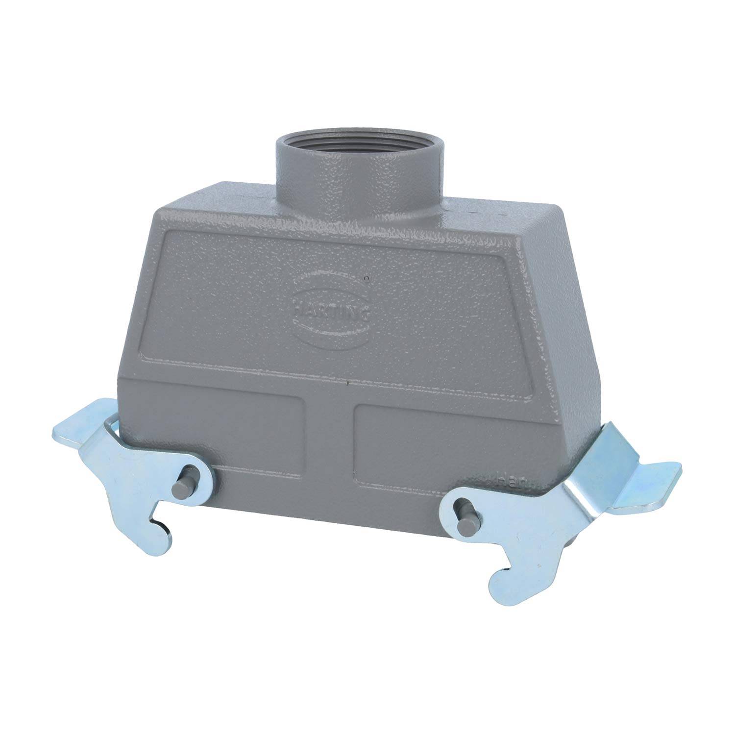 Rechteckiges graues Steckergehäuse mit verschraubtem Deckel und seitlichen Verriegelungen, entwickelt für sichere elektrische Verbindungen.