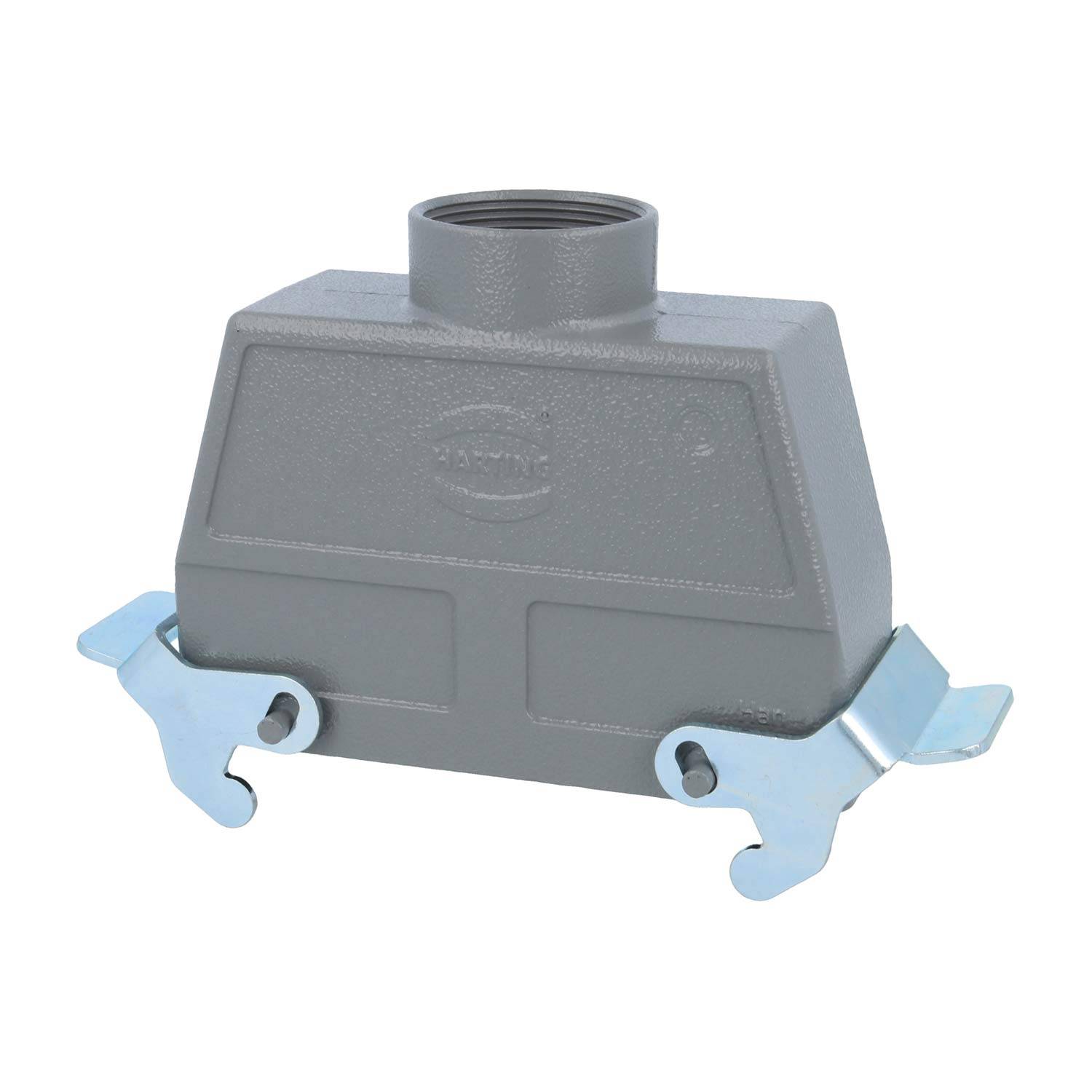 Ein grauer industrieller Steckverbindergehäuse mit Metallklammern für eine sichere Befestigung.