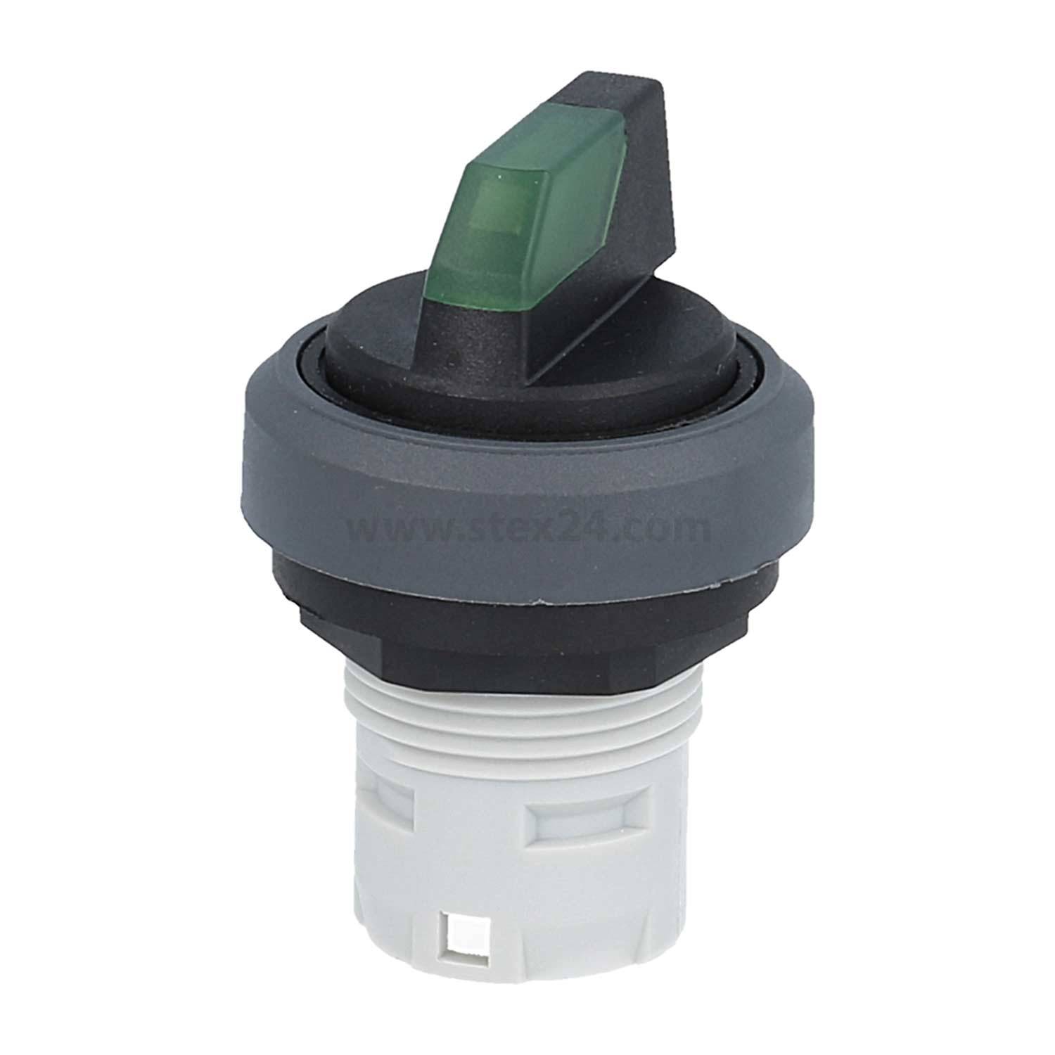 Ein Drehschalter mit einer zylindrischen Basis und einem grünen dreieckigen Griff, verwendet für elektrische Schaltkreise, aus einer Seitenansicht.