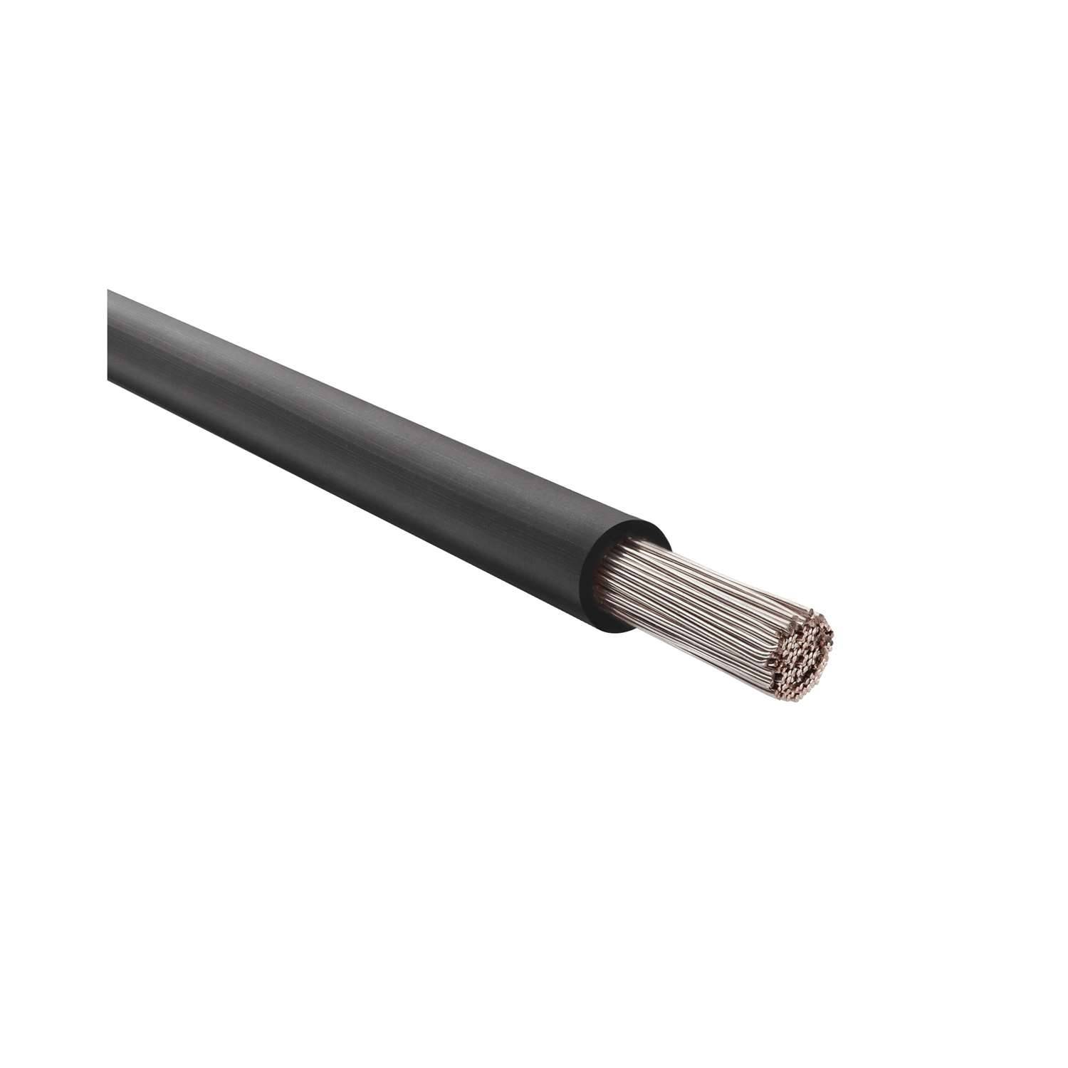 Schwarzes isoliertes Kabel mit freiliegenden Kupferlitzen an einem Ende, geeignet für elektrische Verbindungen oder Schaltungsinstallationen.