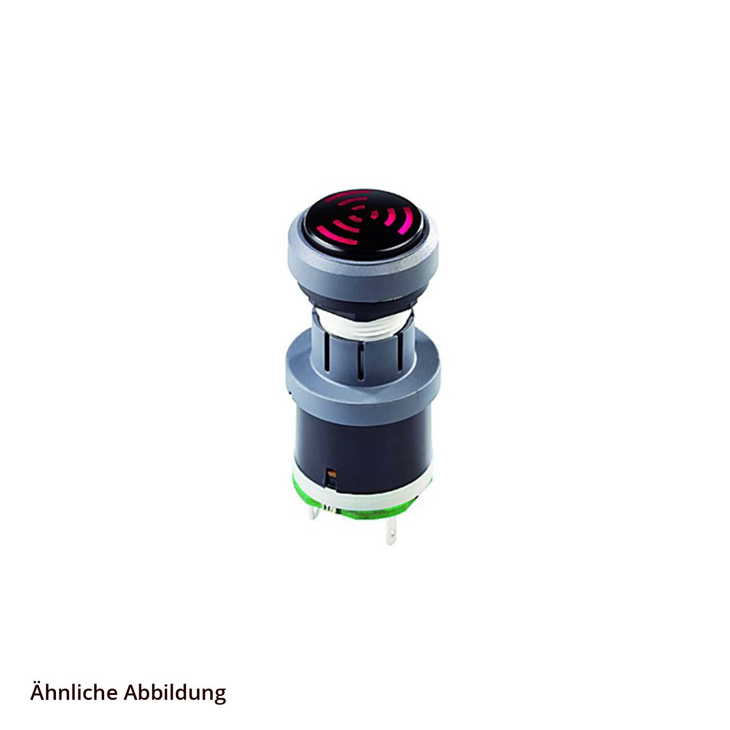 Vergleichende Abbildung: ein grauer und schwarzer runder Schalter mit einem roten Symbol auf der Oberseite.