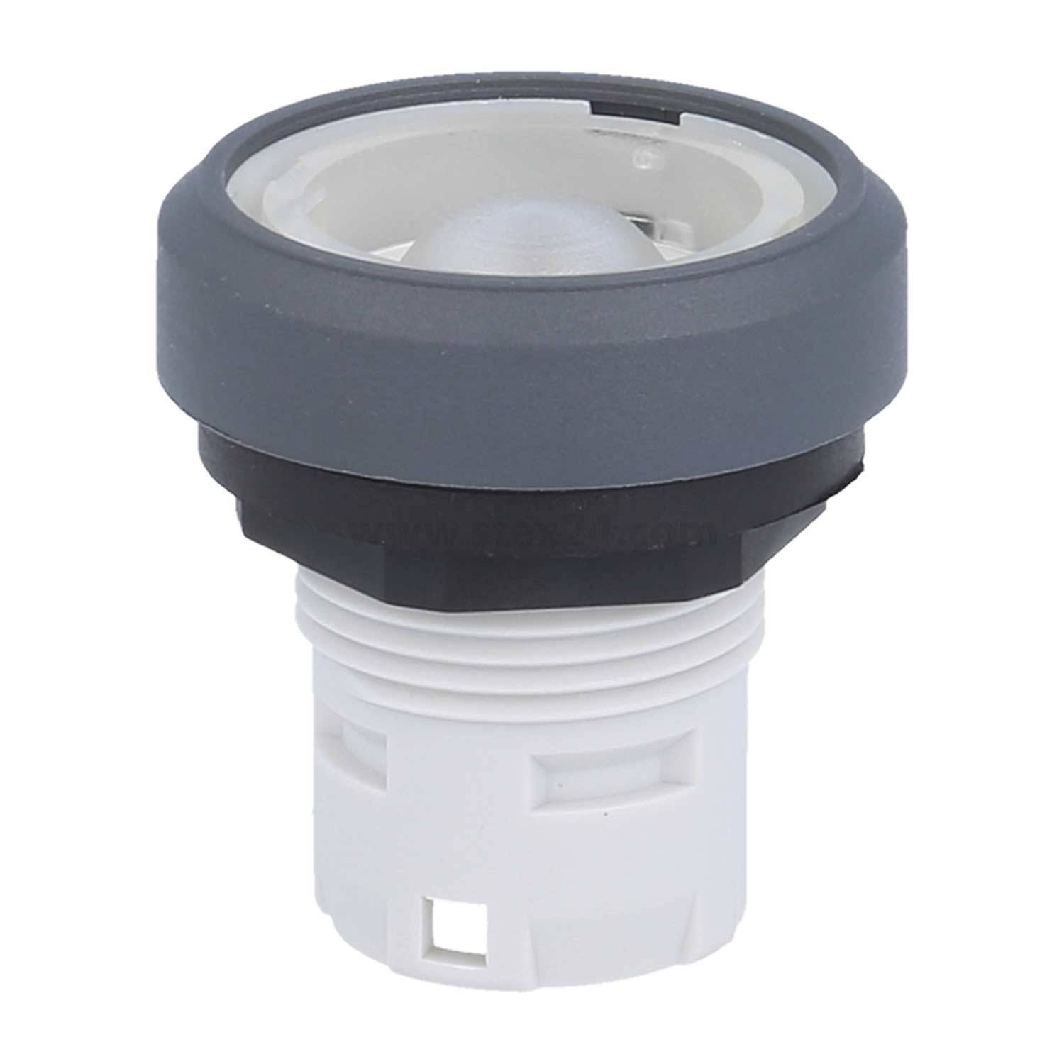 Ein zylindrischer LED-Drucktaster in Grau- und Weißtönen, ausgestattet mit einer transparenten Linse, üblicherweise in Bedienpanels eingesetzt.