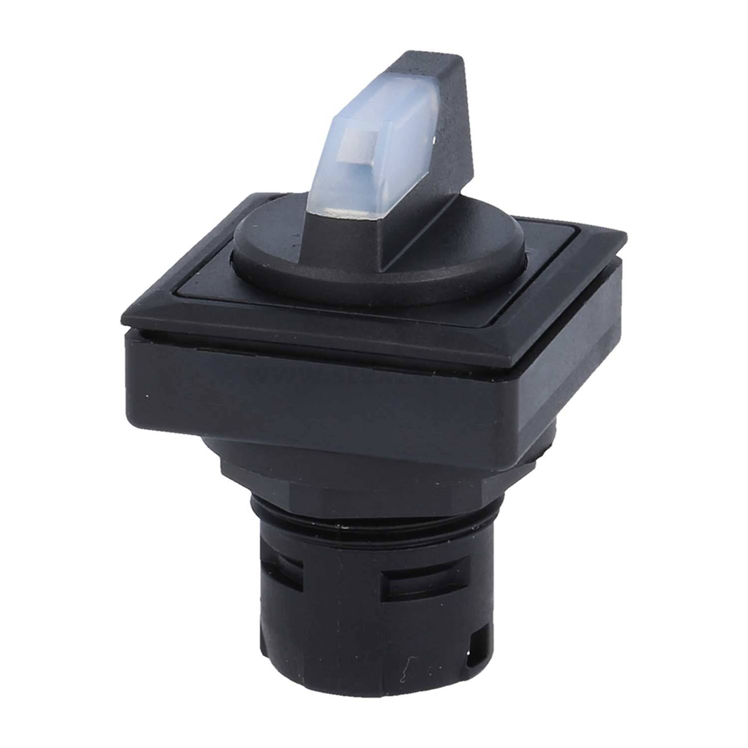 Ein schwarzer Drehschalter mit einem transparenten Hebel, in einem quadratischen Gehäuse montiert.