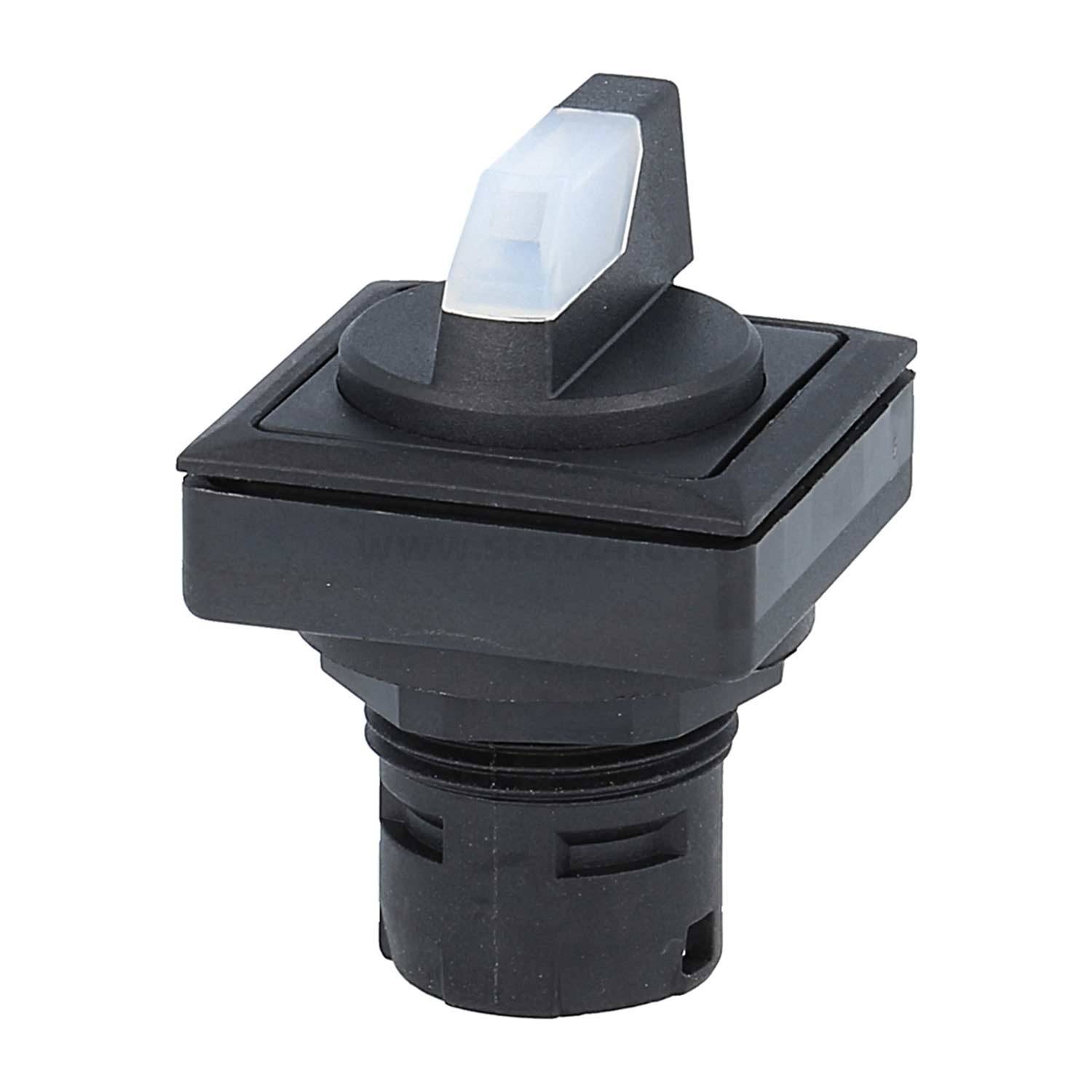 Ein schwarzer Kippschalter mit weißer Oberseite, der für elektrische Anwendungen konzipiert ist. Er ist auf einer quadratischen Grundfläche montiert und scheint für die Paneelinstallation geeignet zu sein.