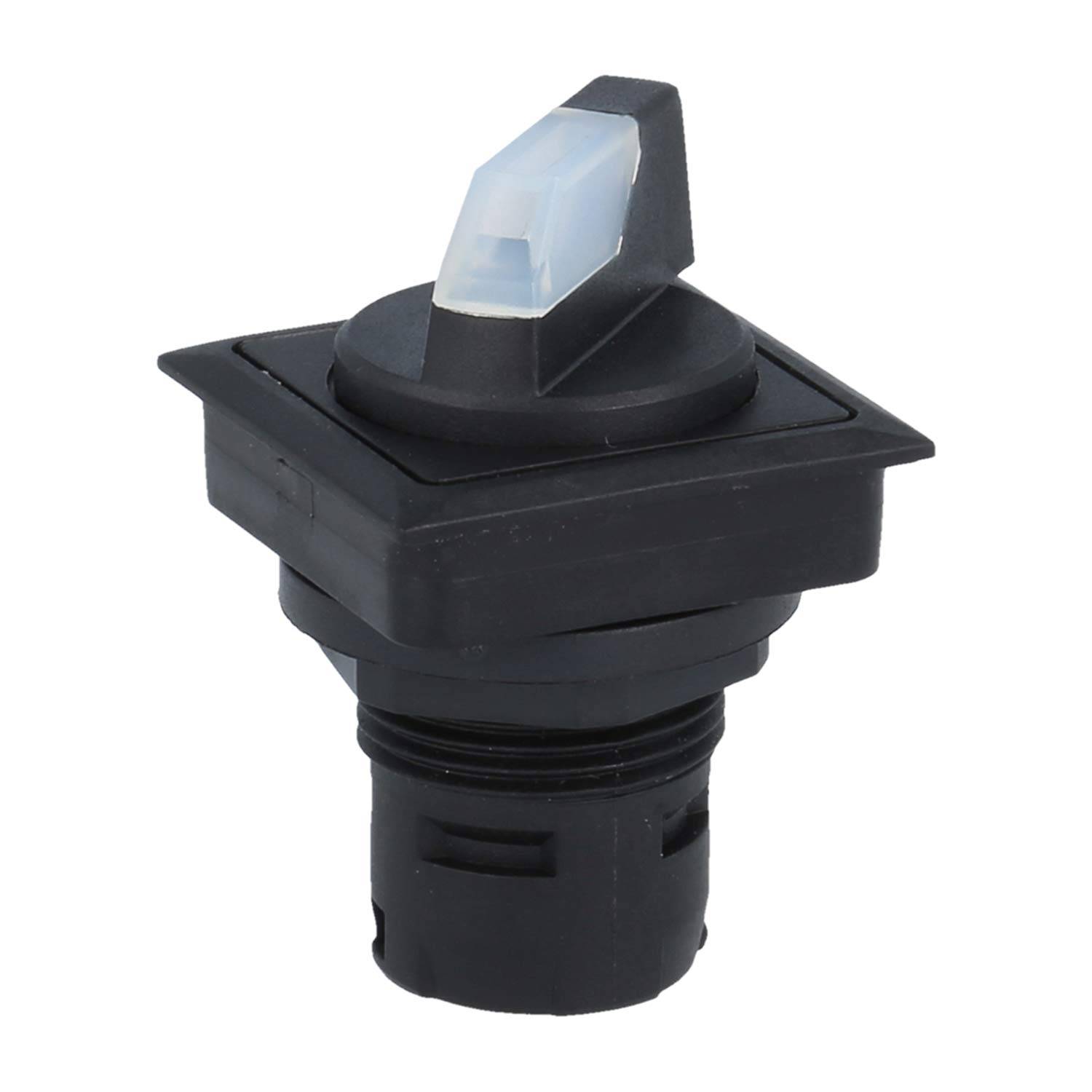 Ein schwarzer quadratischer Drucktaster mit einem transparenten dreieckigen Betätiger, entwickelt für elektronische Geräte und ausgestattet mit einer Paneelbefestigungsgrundplatte.