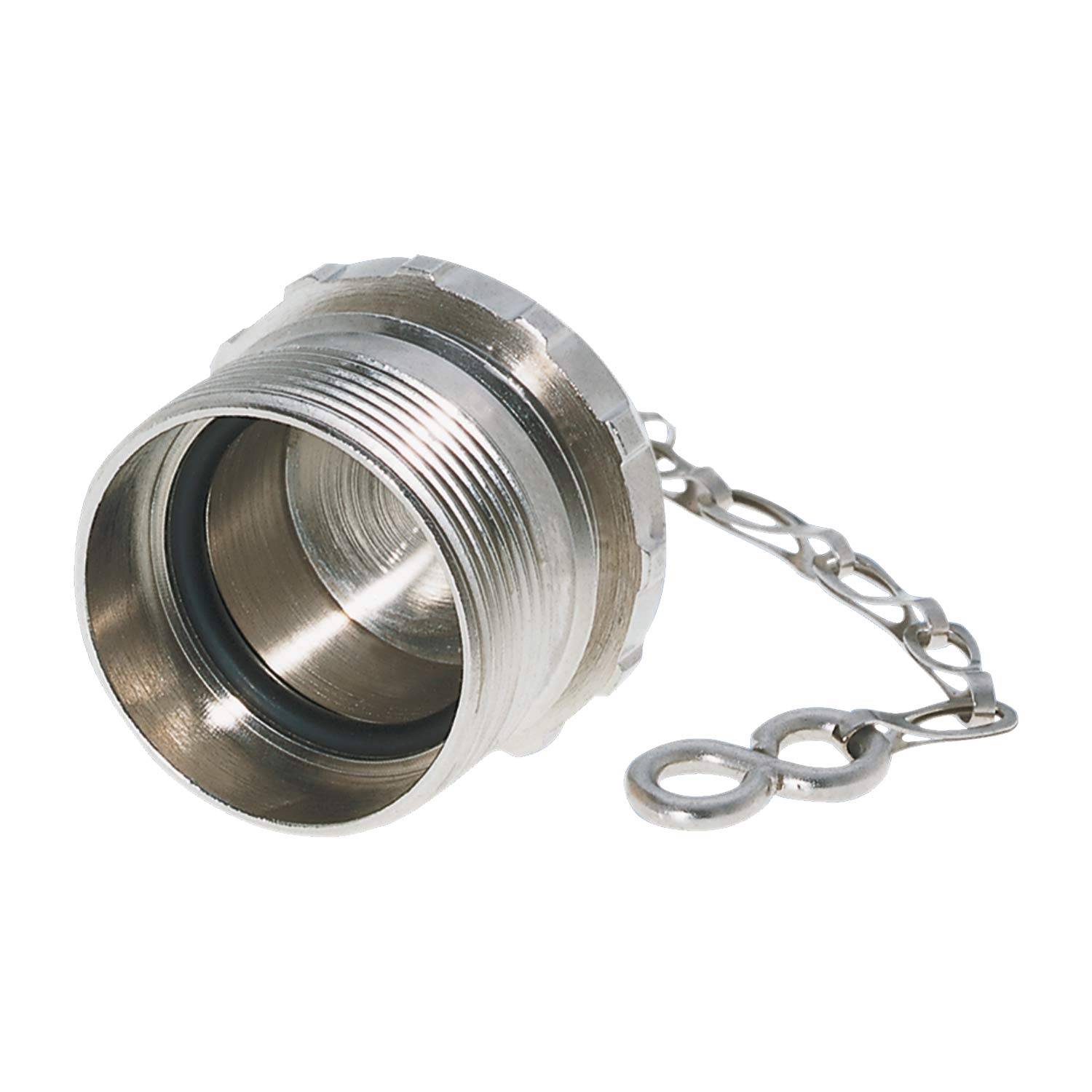 Eine Metallkappe mit Gewindedesign und angehängter Kette, die verwendet wird, um Rohre oder Schläuche abzudichten und Lecks oder Verunreinigungen zu verhindern.