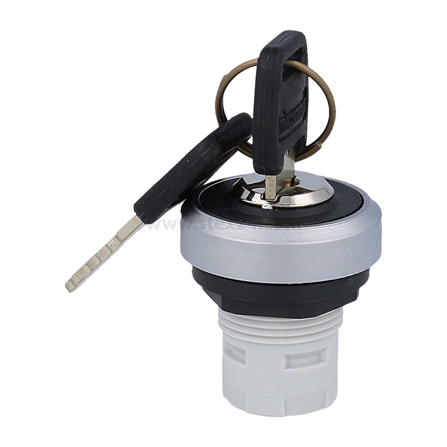 Ein silberner und schwarzer Schlüsselschalter mit eingestecktem Schlüssel, in der Ausschaltposition ruhend, der üblicherweise in elektronischen Kontrollpanels für Sicherheitszugang verwendet wird.