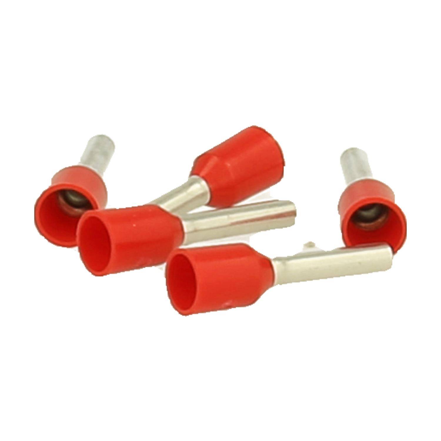 Fünf rote isolierte Kabelverbinder, jeder mit einem Metallrohr und einer roten Kunststoffummantelung, die für elektrische Leitungsverbindungen verwendet werden.