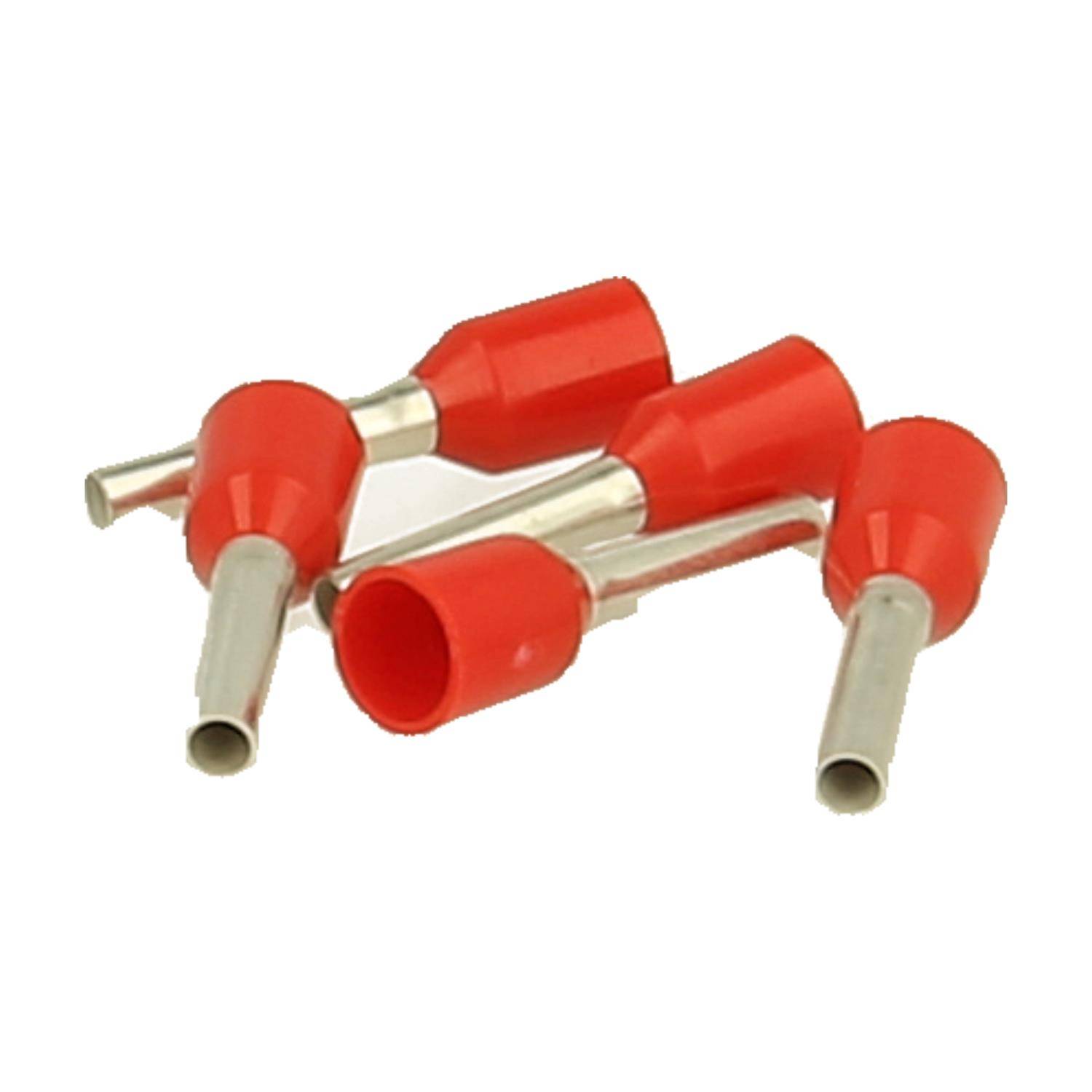 Rote isolierte Aderendhülsen in einem kleinen Haufen, die zur elektrischen Verkabelung verwendet werden, um Litzendrahtenenden zu sichern.