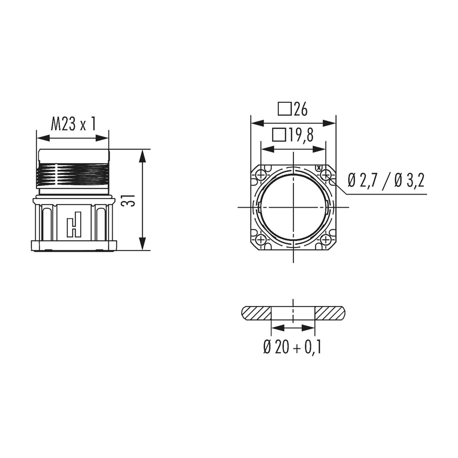 Technische Zeichnung eines zylindrischen Bauteils mit Spezifikationen: Größe M23 x 1, Höhe 31 mm, Durchmesser Ø20 ±0,1 mm, Oberbreite 26 mm, Oberlänge 19,8 mm und Bohrungen Ø2,7/Ø3,2 mm.