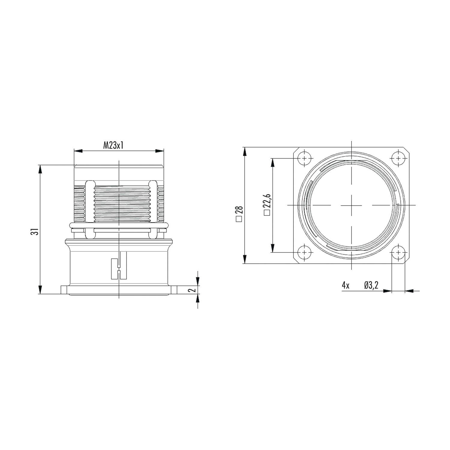 Technische Zeichnung einer zylindrischen Gewindekomponente mit quadratischem Flansch, ausgestattet mit M23x1-Gewinde. Abmessungen umfassen eine Höhe von 31 mm und einen Durchmesser von Ø28 mm.