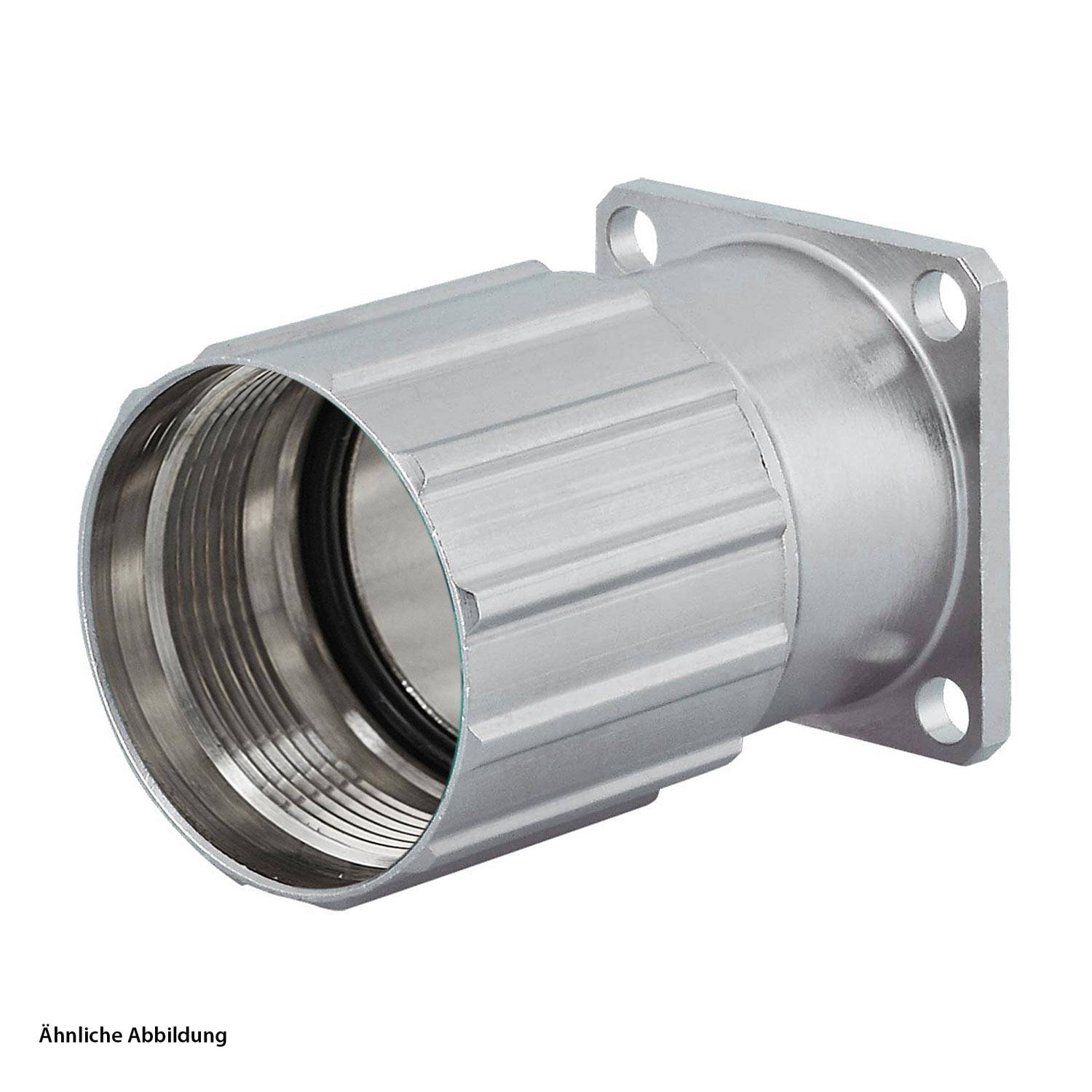 Ein industrietauglicher Metallgewindeanschluss mit Flansch und vier Befestigungslöchern, der zum Sichern von Kabeln oder Rohren in mechanischen Systemen verwendet wird.