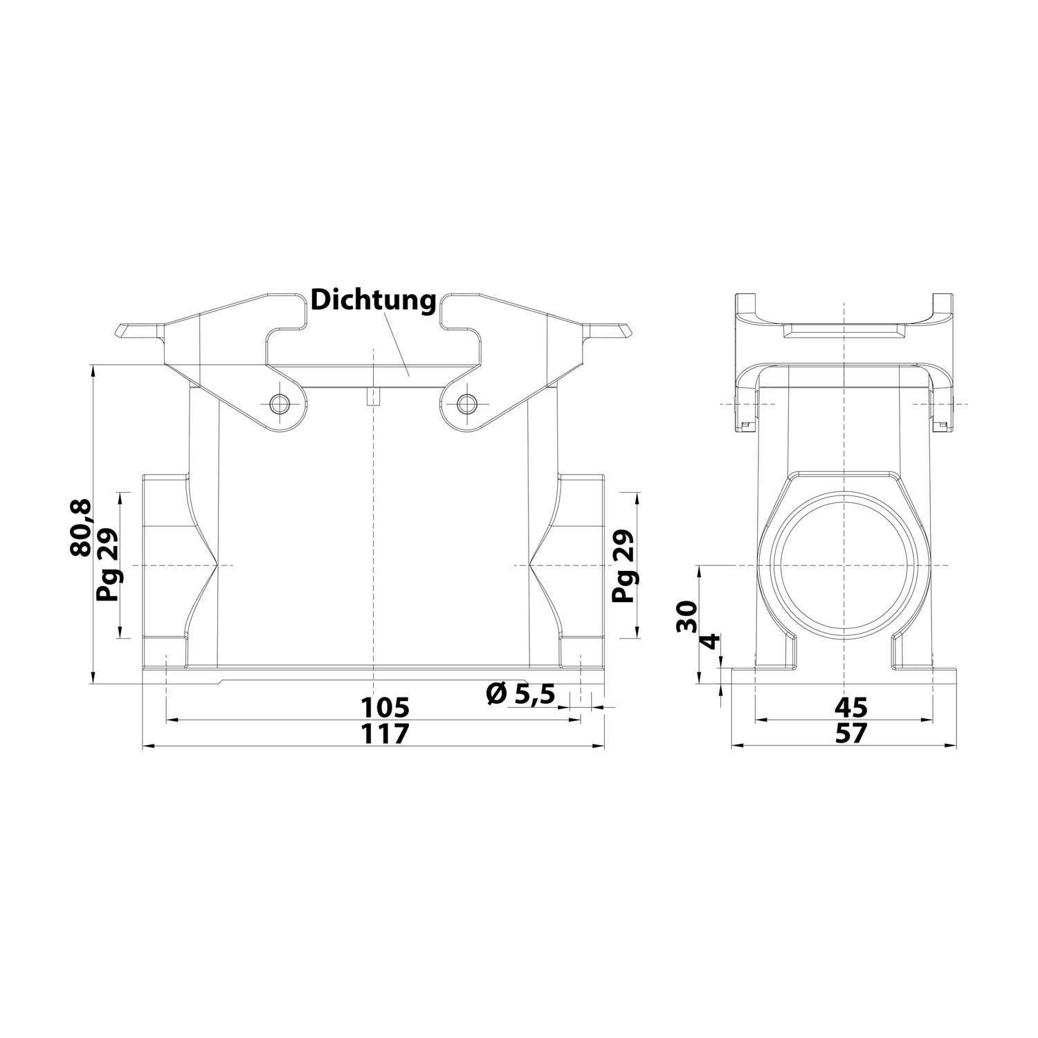 04300160271 HARTING Han 16B Sockelgehäuse hoch, 2xPG29 seitlicher Kabelabgang, mit 2 Querbügeln Verschraubung PG29