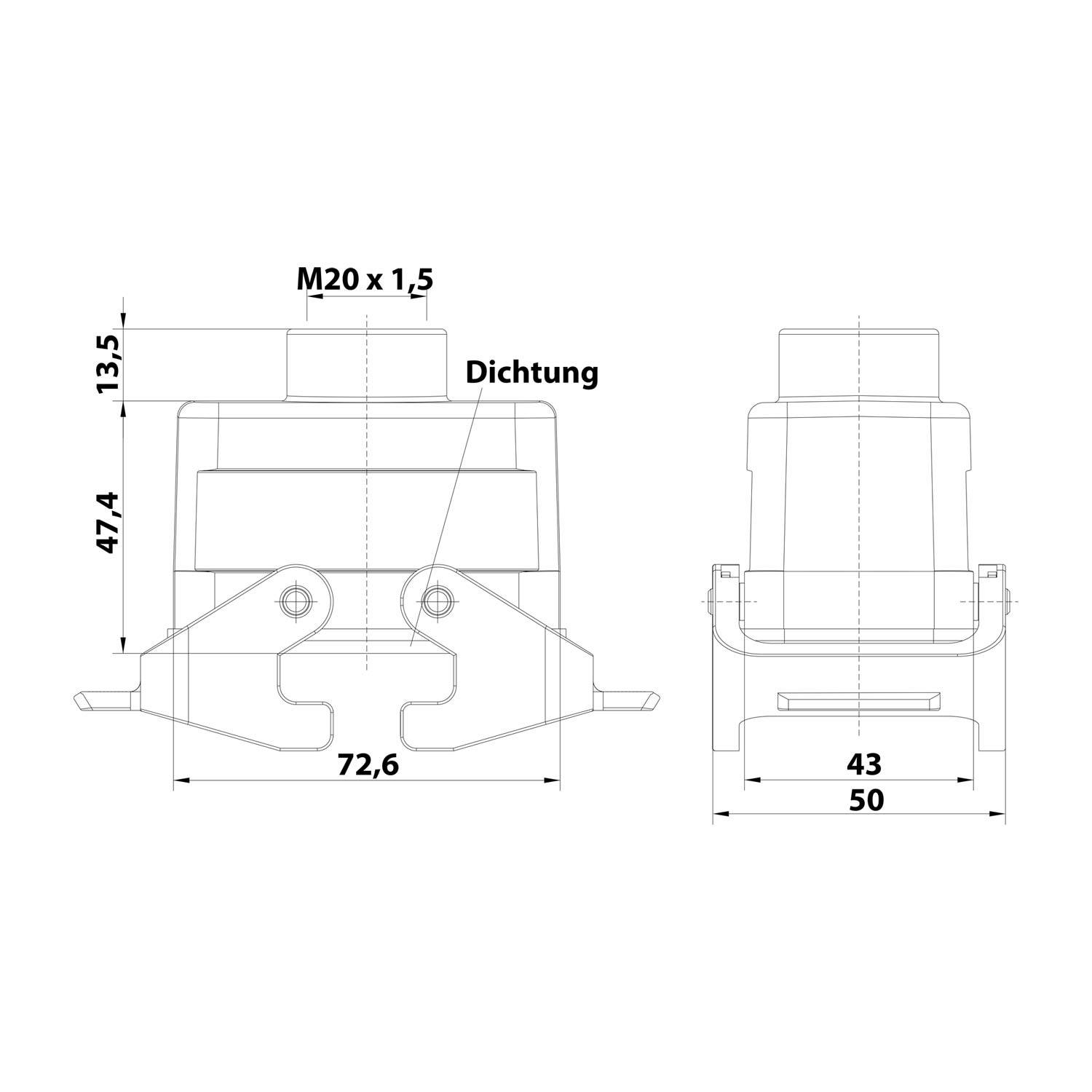 Technische Zeichnung eines Ventils mit Abmessungen: Höhe 47,4 mm, Breite 72,6 mm, M20 x 1,5 Gewinde. Merkmale mit 'Dichtung' gekennzeichnet.
