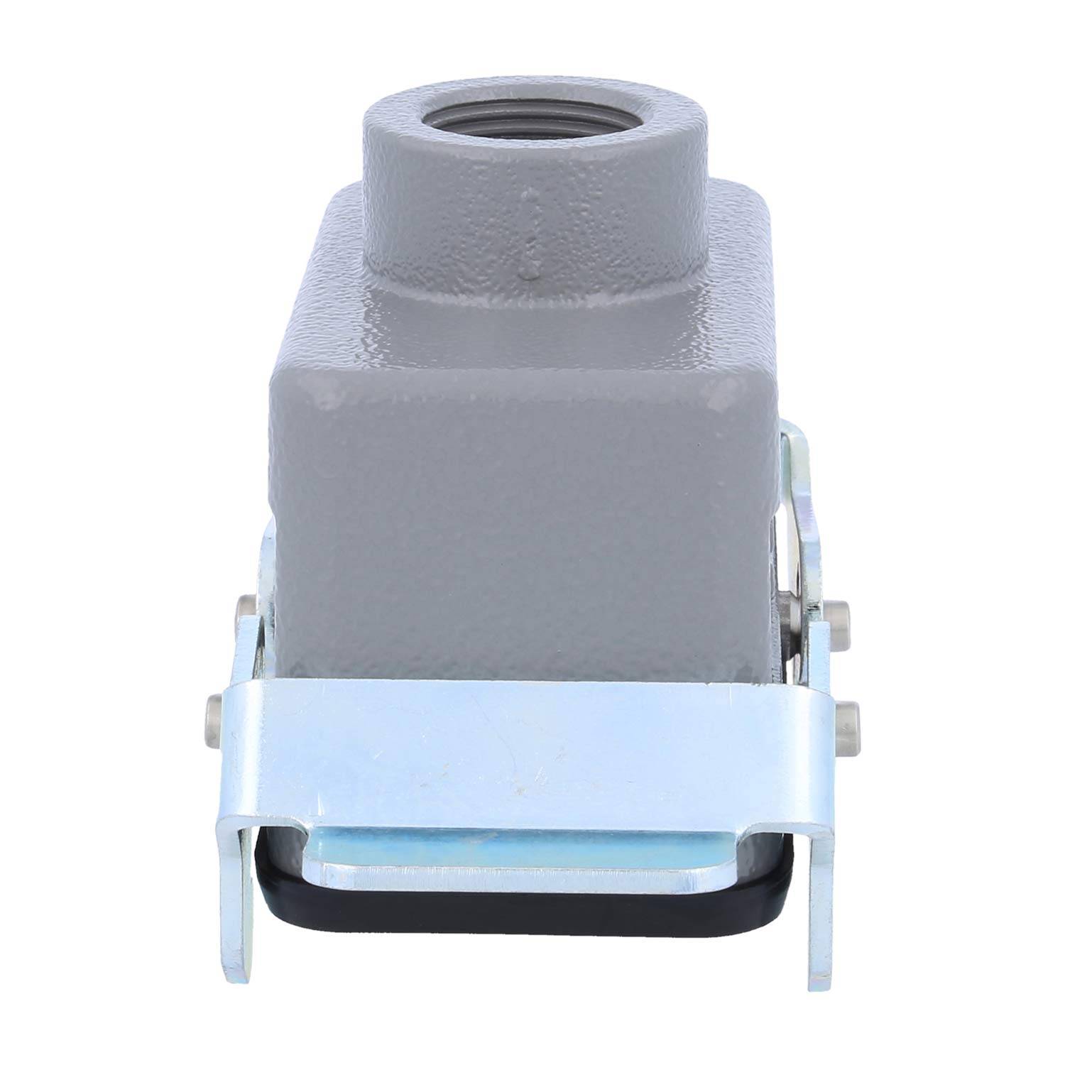 Ein grauer Metallschaltschrank mit einer oberen Gewindedurchführung und einem Metallverschluss an der Vorderseite, verwendet zur Unterbringung elektrischer Komponenten.