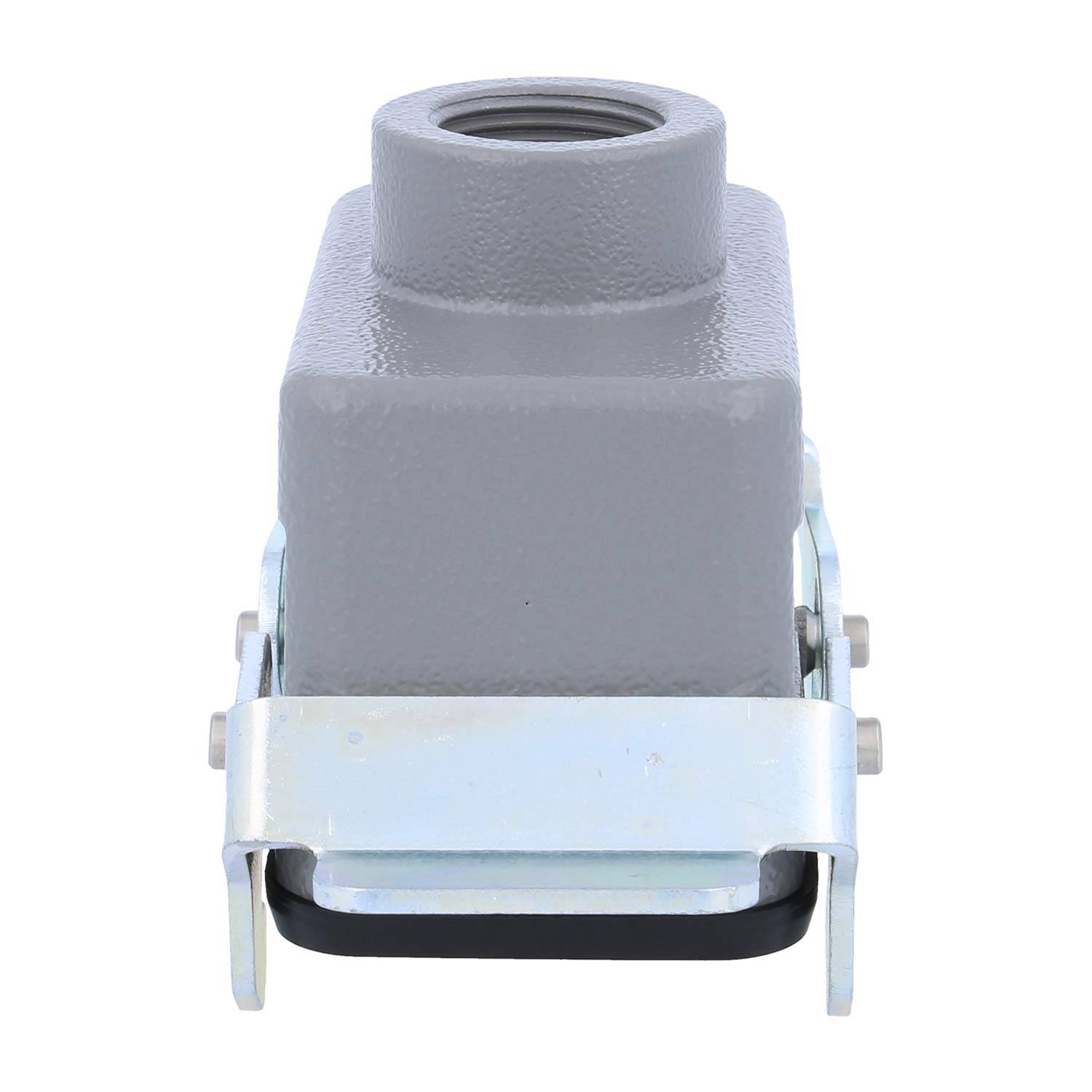 Ein metallisch grauer Anschlussgehäuse mit einer Gewindeschraube oben, befestigt in einem Metallhalter. Der Halter verfügt über einen Klemmmechanismus.