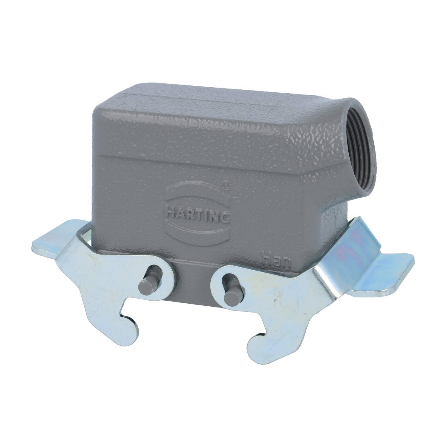 Graues industrielles Anschlussgehäuse mit metallischen Verriegelungen, rechteckige Form, geprägt mit Harting-Logo.