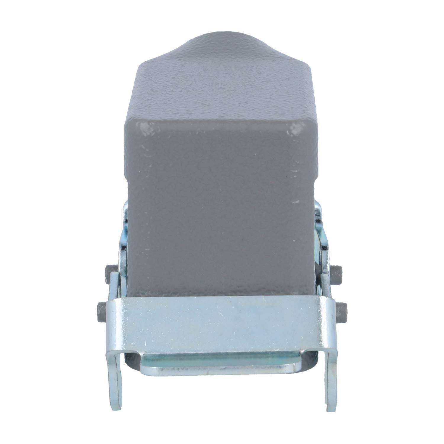 „Eine graue Schutzabdeckung in geschlossener Position, die an einem Metallverschlussmechanismus befestigt ist und zum Sichern oder Schützen von Komponenten konzipiert wurde.