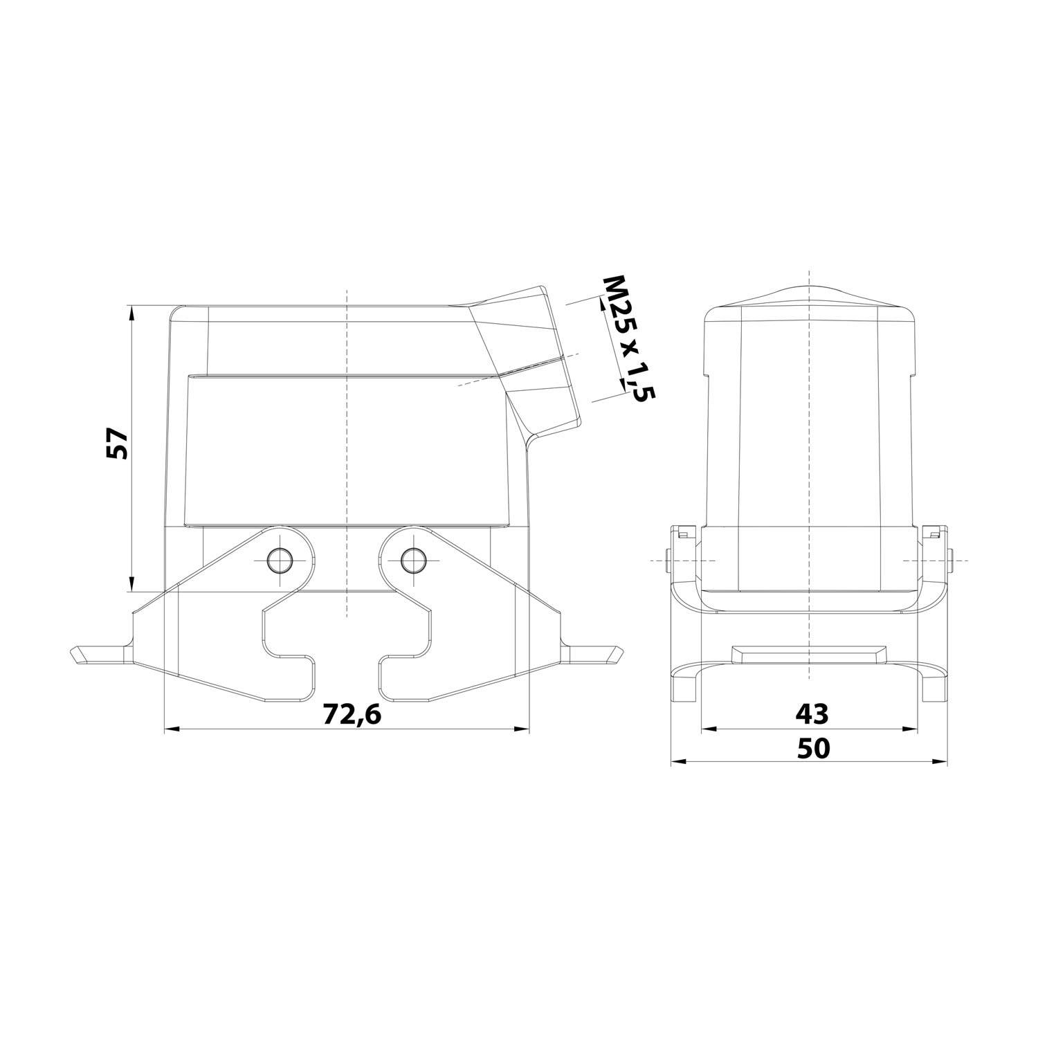Technische Zeichnung eines mechanischen Bauteils mit Maßen: 72,6 mm Breite, 57 mm Höhe und M25 x 1,5 Gewindegröße. Zwei Ansichten dargestellt.