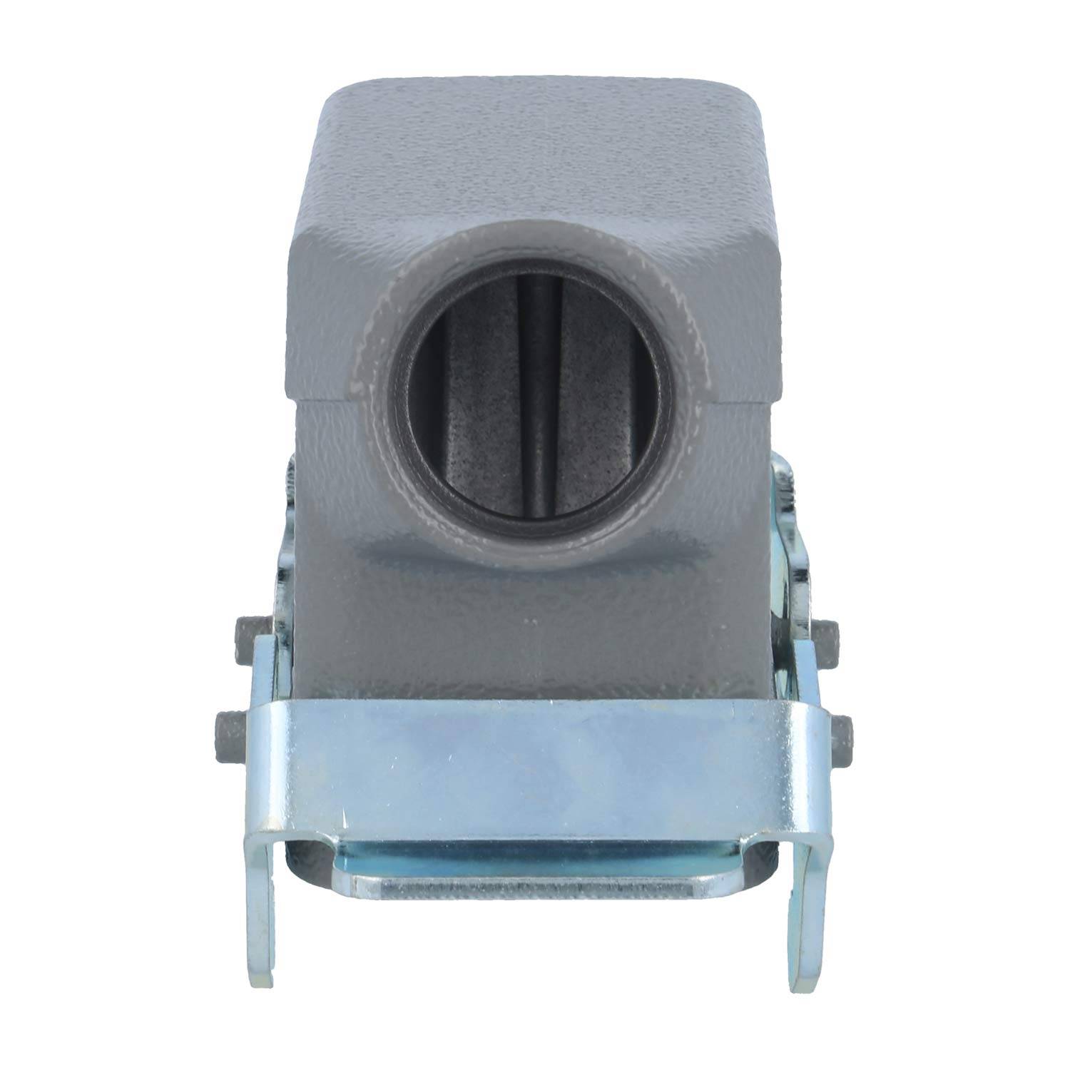 Ein grauer elektrischer Anschluss mit einer Metallhalterung an der Basis, der eine zentrale Öffnung für den Kabeleintritt aufweist.