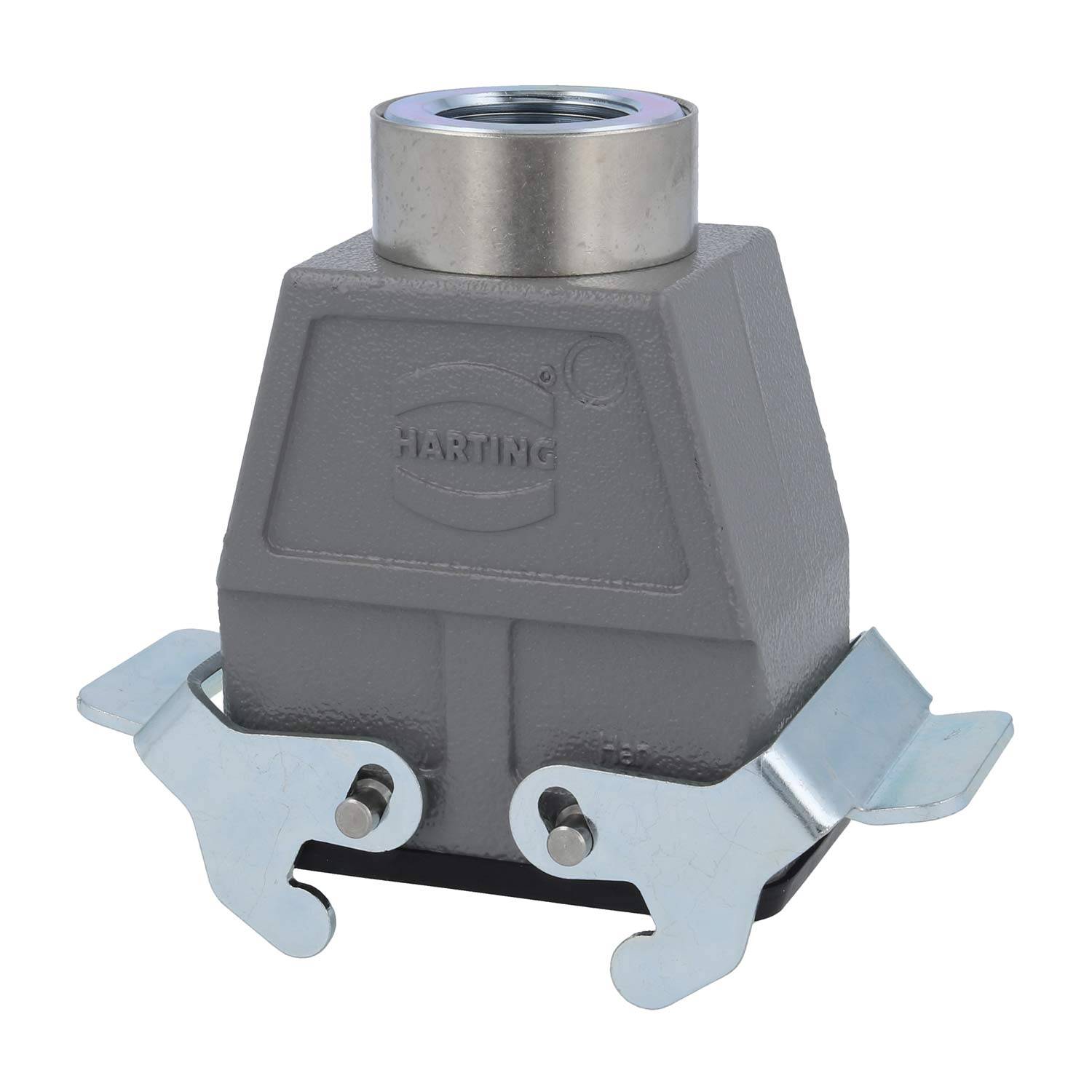 Ein graues industrielles Steckverbindergehäuse mit Metalllaschen, vorne mit 'HARTING' gekennzeichnet, entwickelt für sichere elektrische Verbindungen.