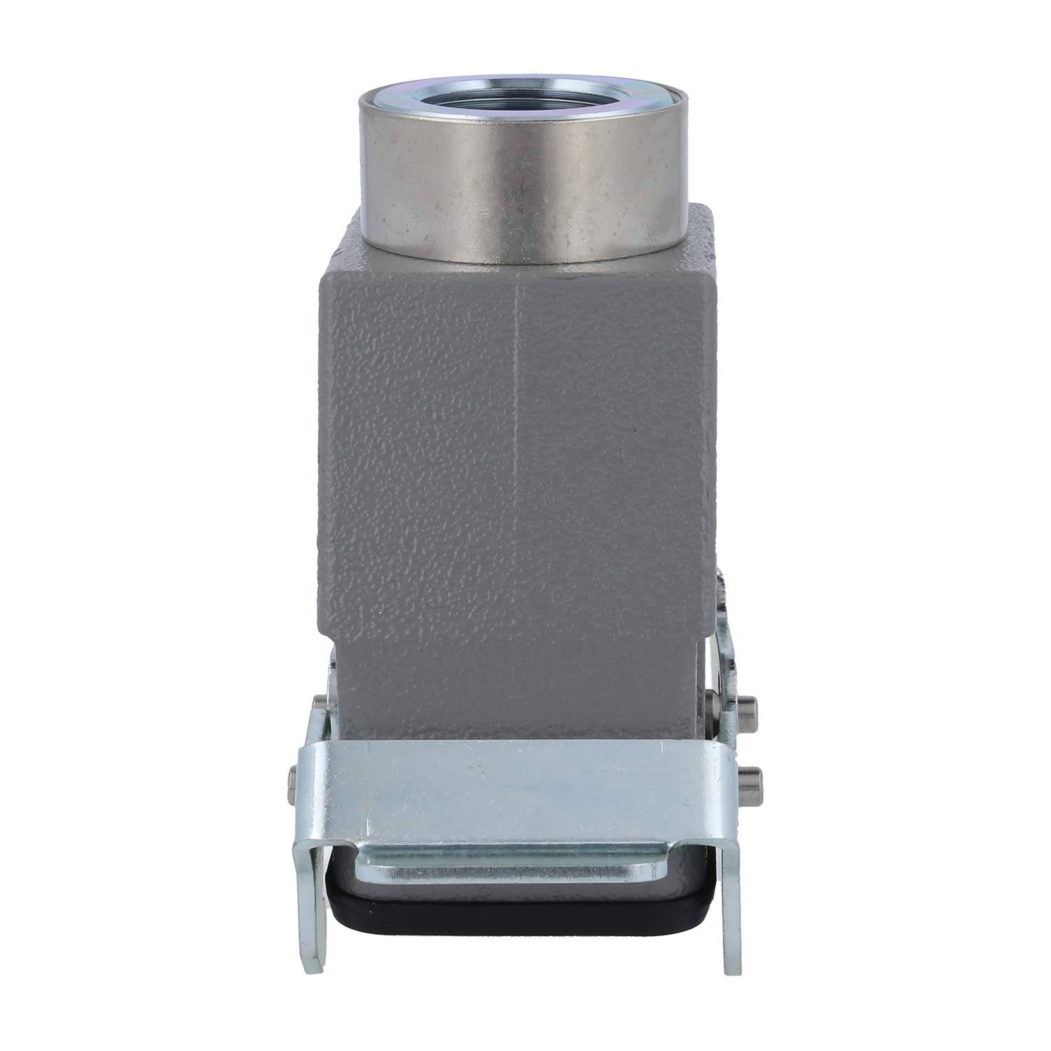 Ein grauer, quadratischer Industrieteil aus Metall mit einer runden Edelstahloberfläche und einem Metallhalterung an der Seite.