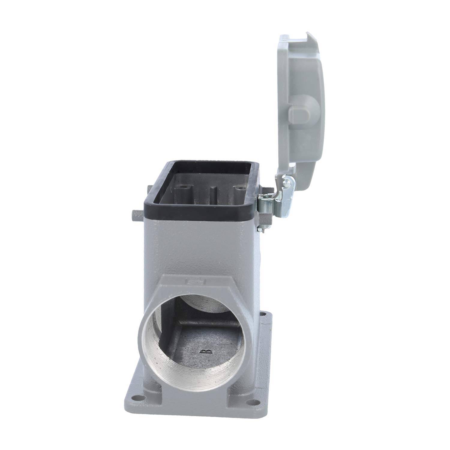 Elektrischer Anschlussgehäuse mit einem rechteckigen Sockel und einem klappbaren Deckel oben, verwendet zur Sicherung und zum Schutz von Kabelverbindungen.