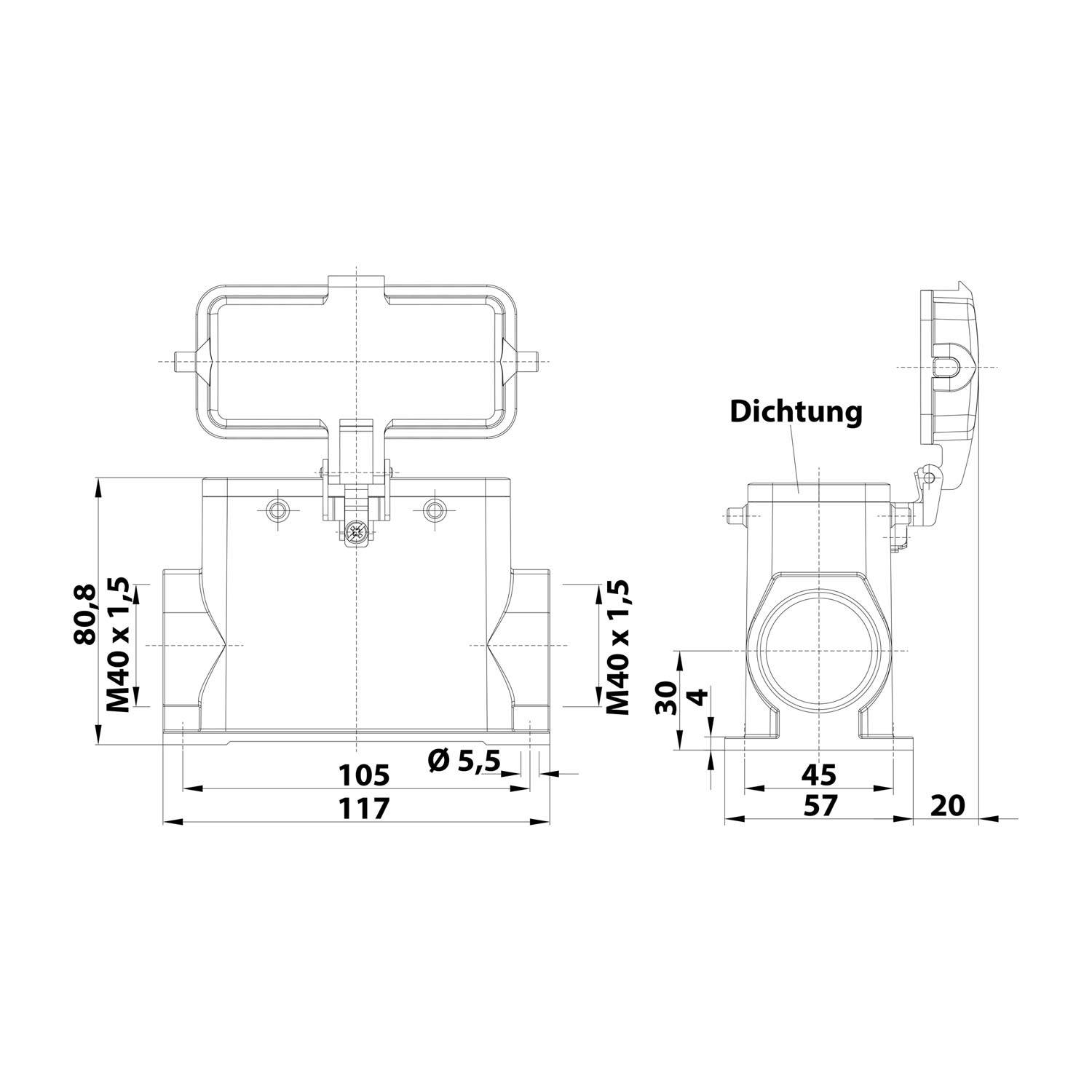 05300160279 HARTING Han 16B Sockelgehäuse hoch, 2xM40 seitlicher Kabelabgang, für 2 Bügel (am Oberteil) mit Schutzkappe